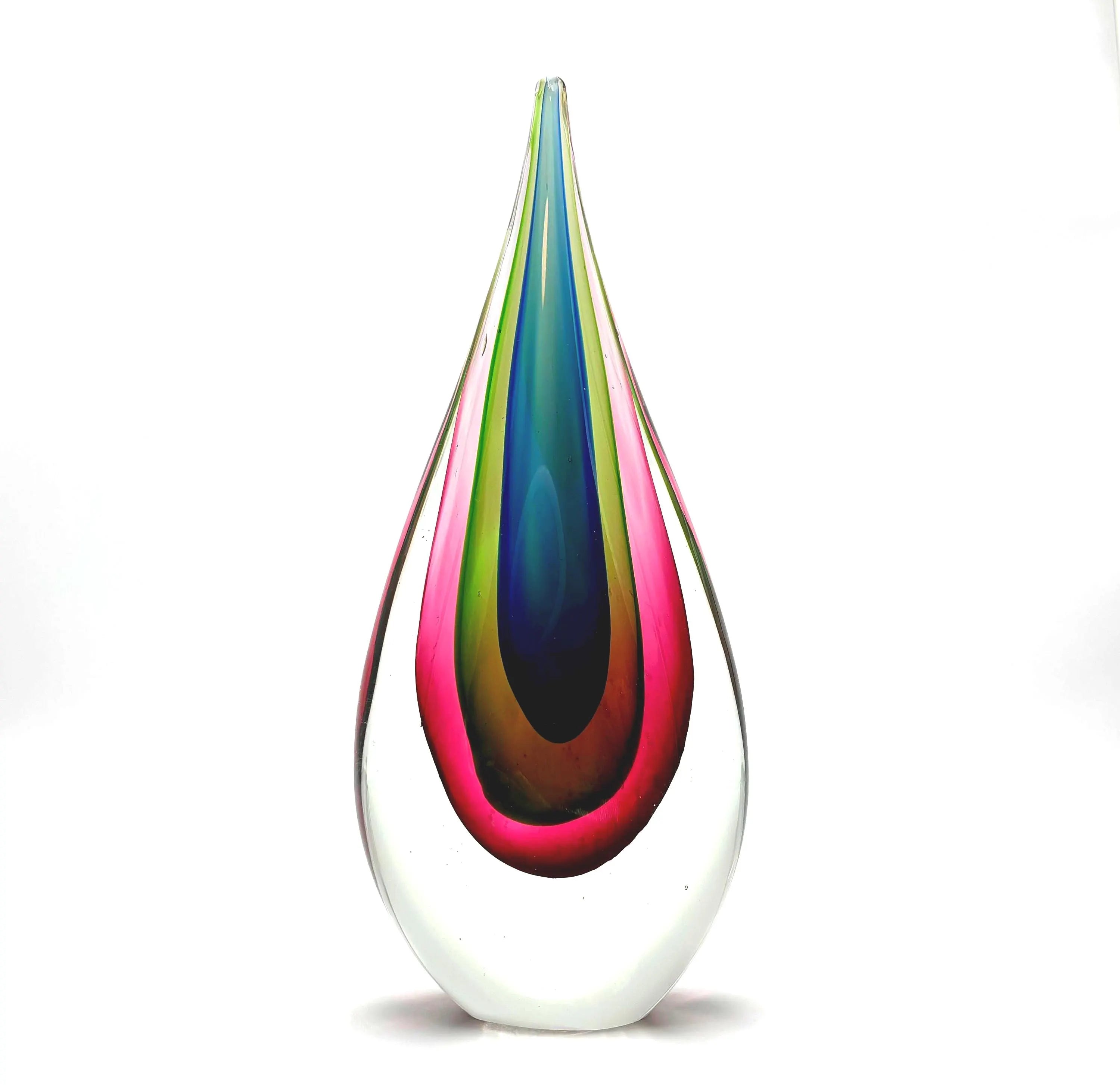 Murano Sommerso Art Glass Sculpture Teardrop, Mid Century Italian Cased Glass Blue Green Pink, 10.5 Inch Modernist Glass Object