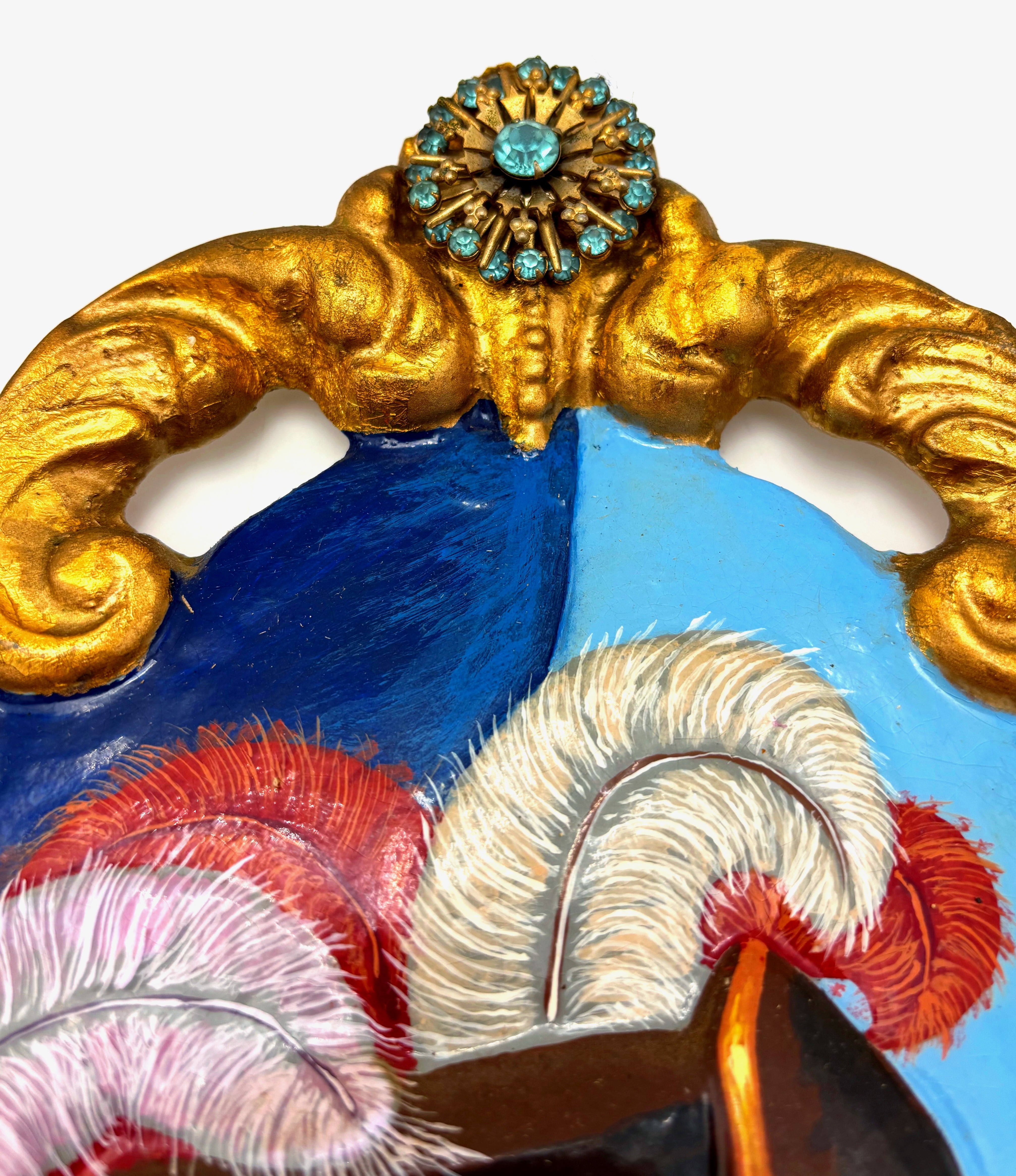 VINTAGE HAND PAINTED CAVALIER WALL PLAQUE WITH JEWELED GOLD ROCOCO FRAME