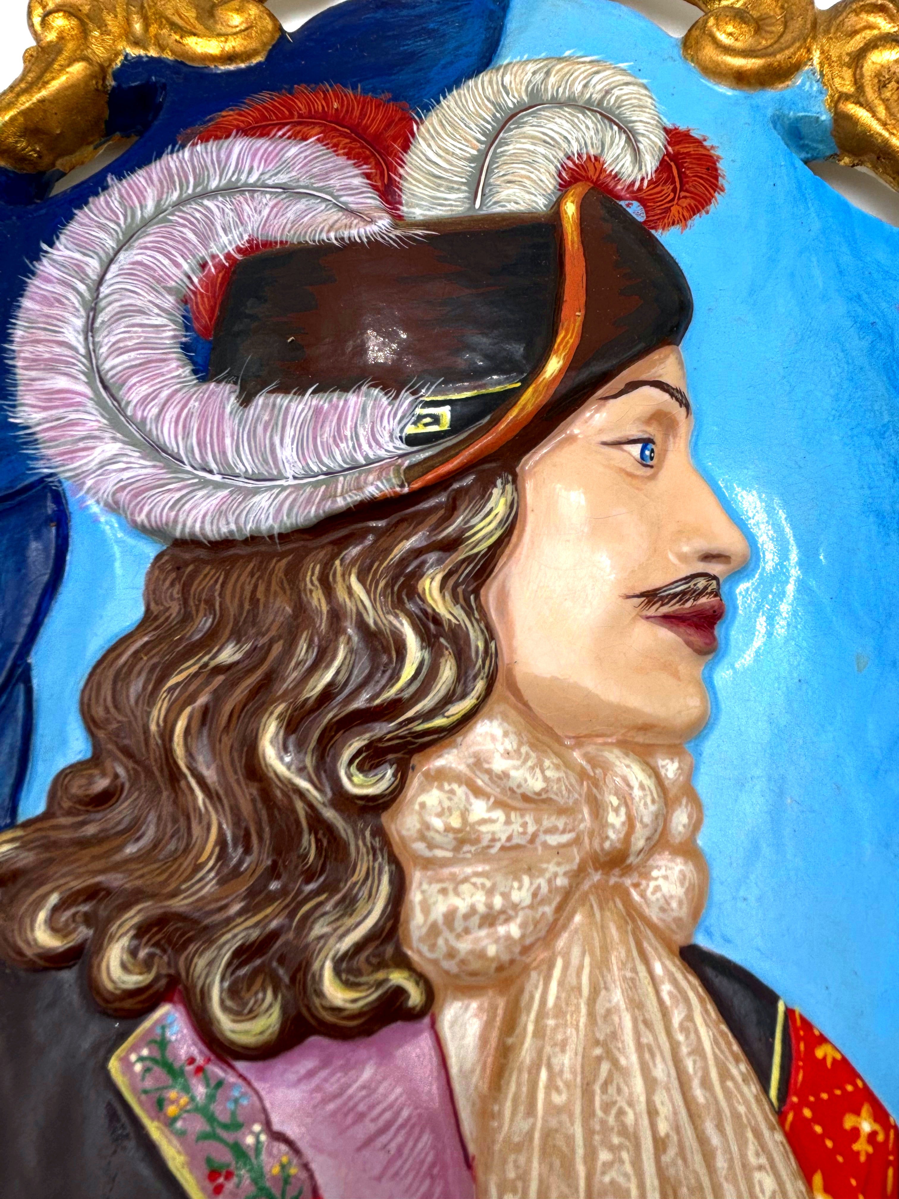 VINTAGE HAND PAINTED CAVALIER WALL PLAQUE WITH JEWELED GOLD ROCOCO FRAME