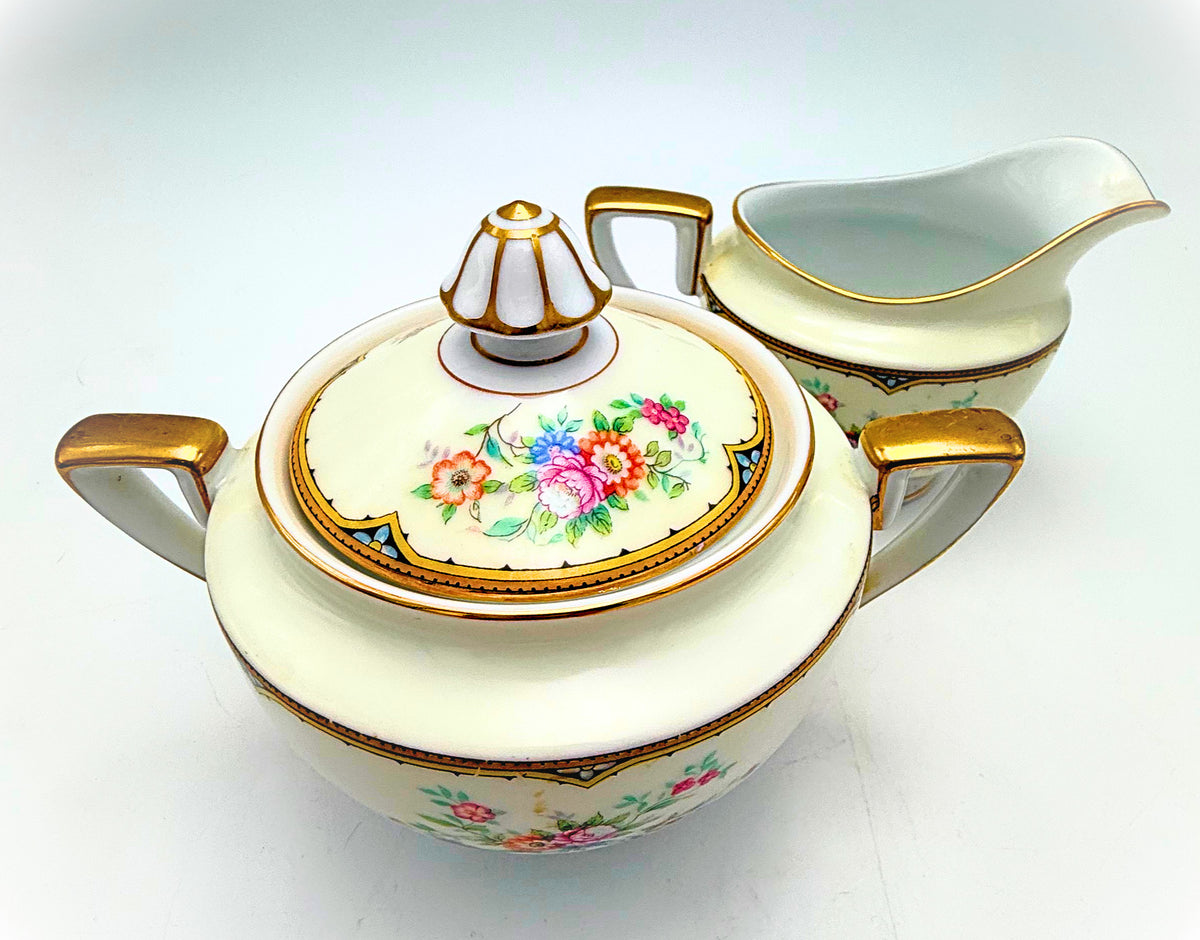 OLD NORITAKE MORIMURA FLORAL CREAMER & LIDDED SUGAR BOWL