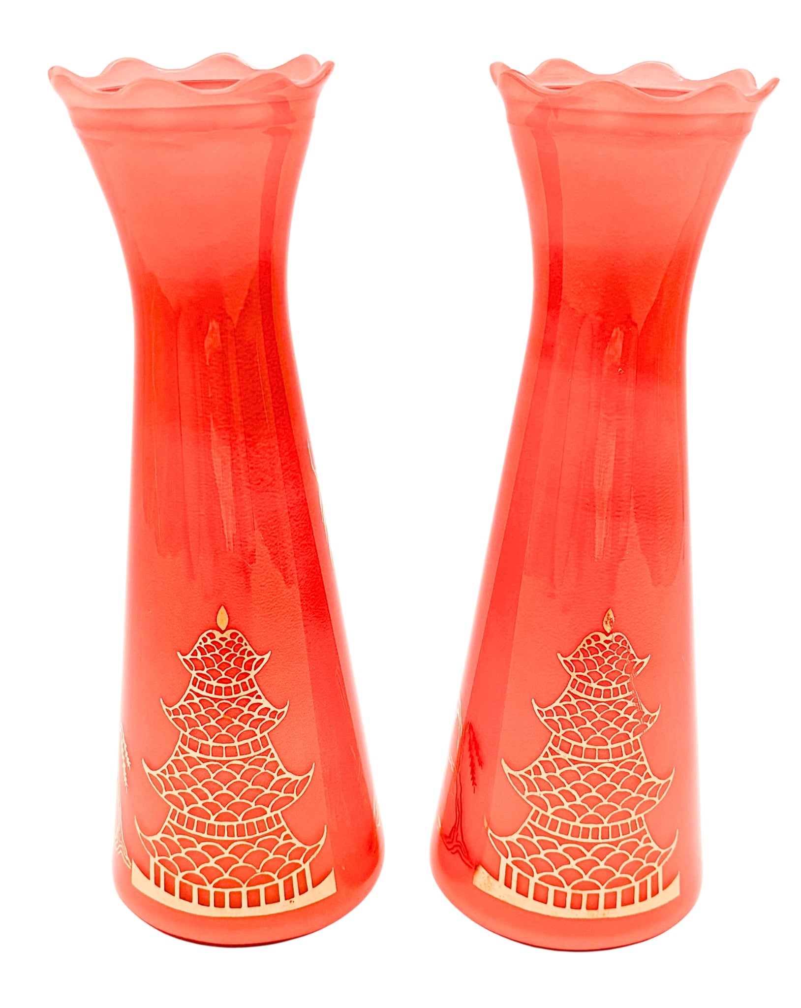 PAIR OF MID CENTURY CHINOISERIE CORAL ART GLASS VASES | HAND BLOWN JAPANESE BUD VASES | PAGODA DECOR | ASIAN LANDSCAPE | HOLLYWOOD REGENCY
