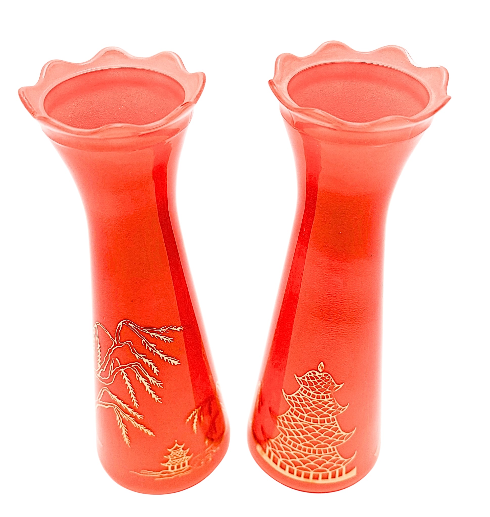 PAIR OF MID CENTURY CHINOISERIE CORAL ART GLASS VASES | HAND BLOWN JAPANESE BUD VASES | PAGODA DECOR | ASIAN LANDSCAPE | HOLLYWOOD REGENCY