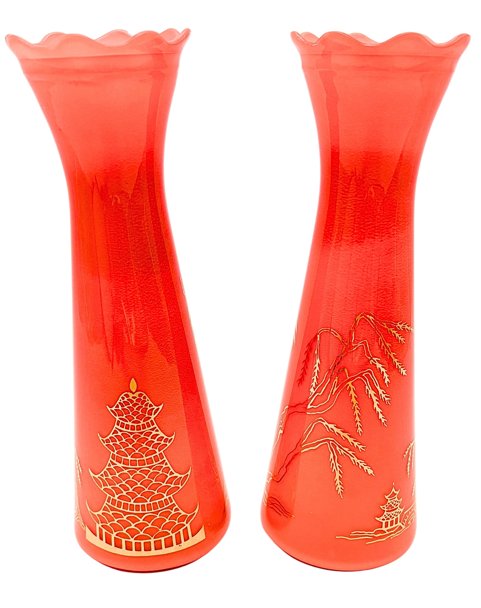 PAIR OF MID CENTURY CHINOISERIE CORAL ART GLASS VASES | HAND BLOWN JAPANESE BUD VASES | PAGODA DECOR | ASIAN LANDSCAPE | HOLLYWOOD REGENCY