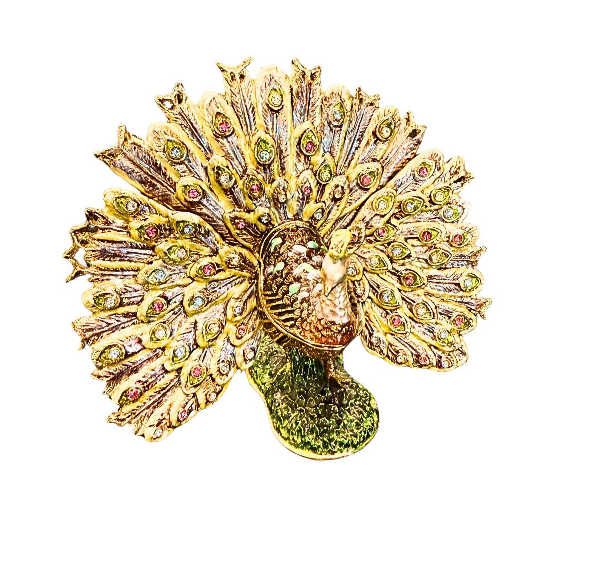 VINTAGE STYLE JEWELED PEACOCK TRINKET BOX MAGNETIC ENAMEL HOLLYWOOD REGENCY DECOR