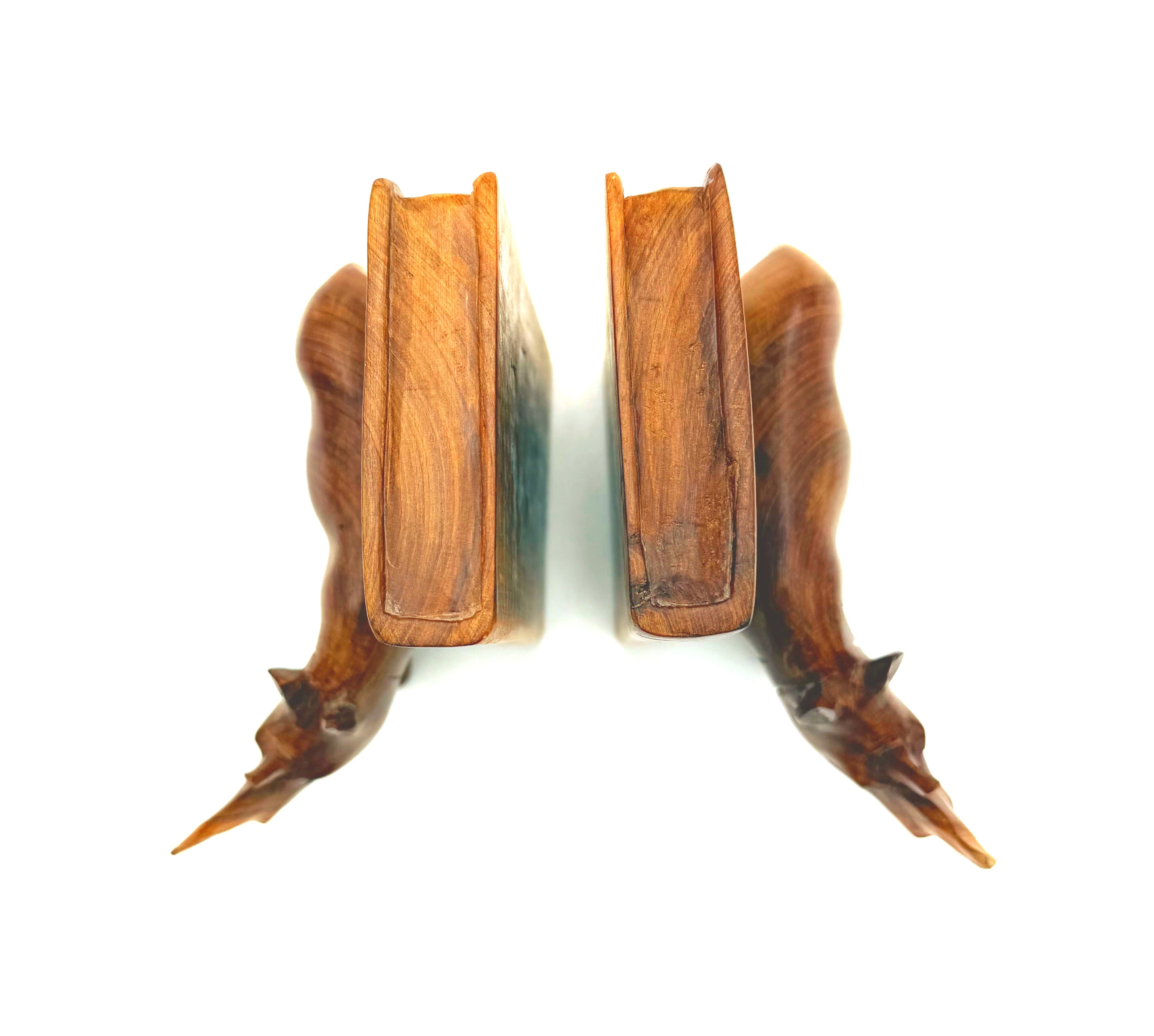 VINTAGE HAND CARVED WOOD RHINO BOOKENDS