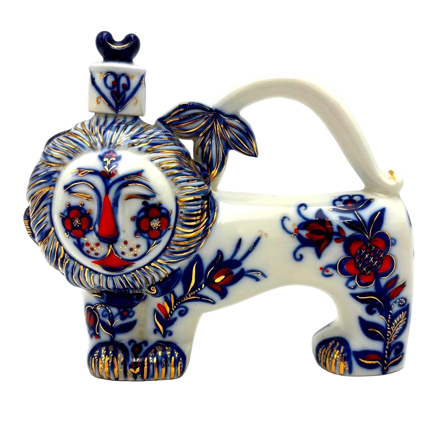 Soviet Porcelain Lion Decanter Beriozka USSR Vintage Figural Bottle Hand Painted Gilt Barware Russian Export Decorative Sculpture