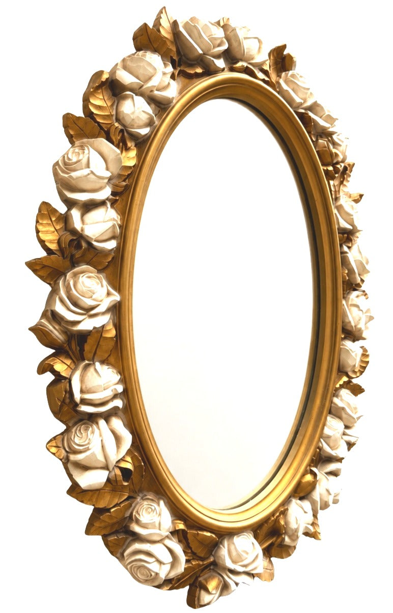 VINTAGE HOLLYWOOD REGENCY CREAM ROSE & GOLD LEAF OVAL WALL MIRROR