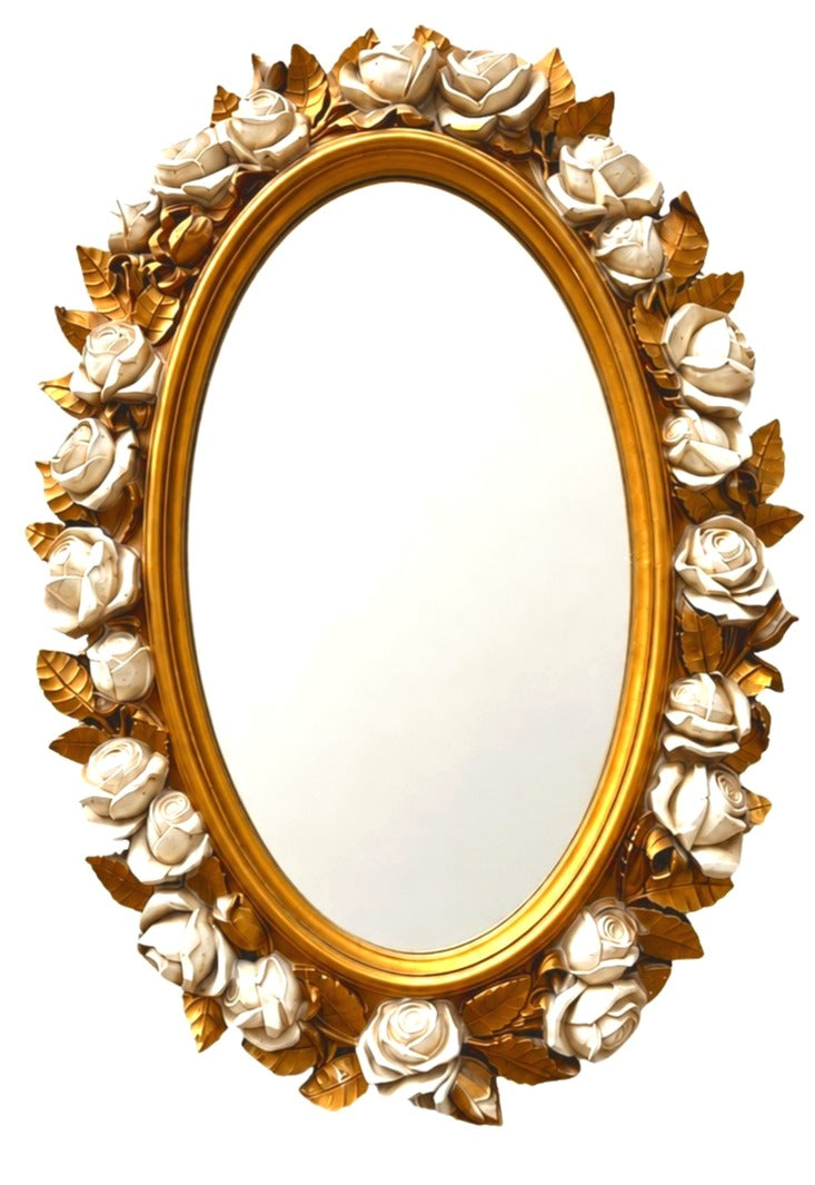 VINTAGE HOLLYWOOD REGENCY CREAM ROSE & GOLD LEAF OVAL WALL MIRROR