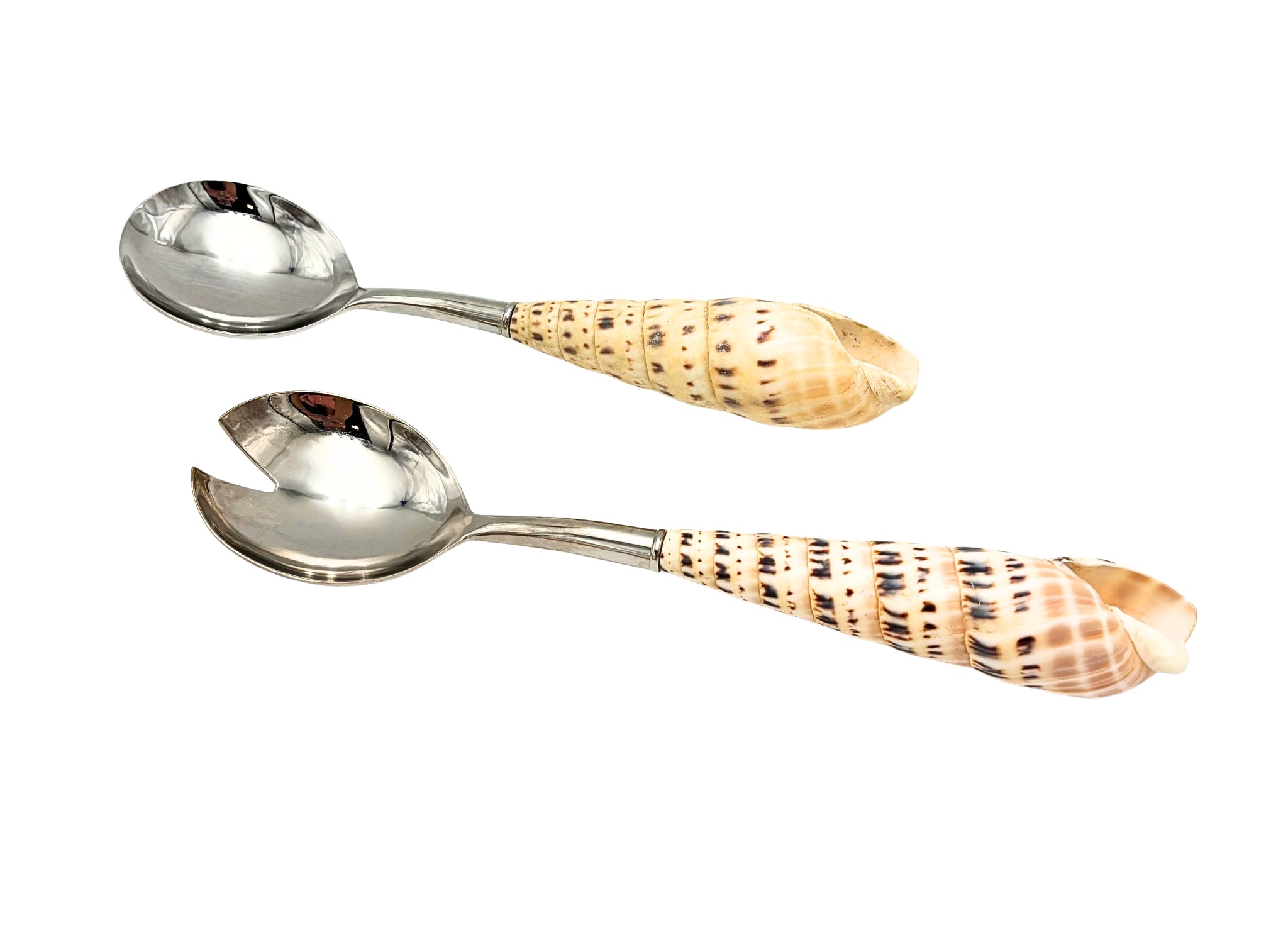 VINTAGE MUD PIE NATURAL AUGER SHELL SALAD SERVERS – TWO-PIECE COASTAL SERVING SET