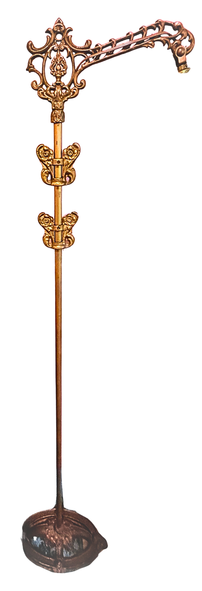 1920s Antique Bridge Floor Lamp with Adjustable Butterfly Ornaments, Ornate Gold Cast Metal Reading Lamp, Ruffled Glass Shade