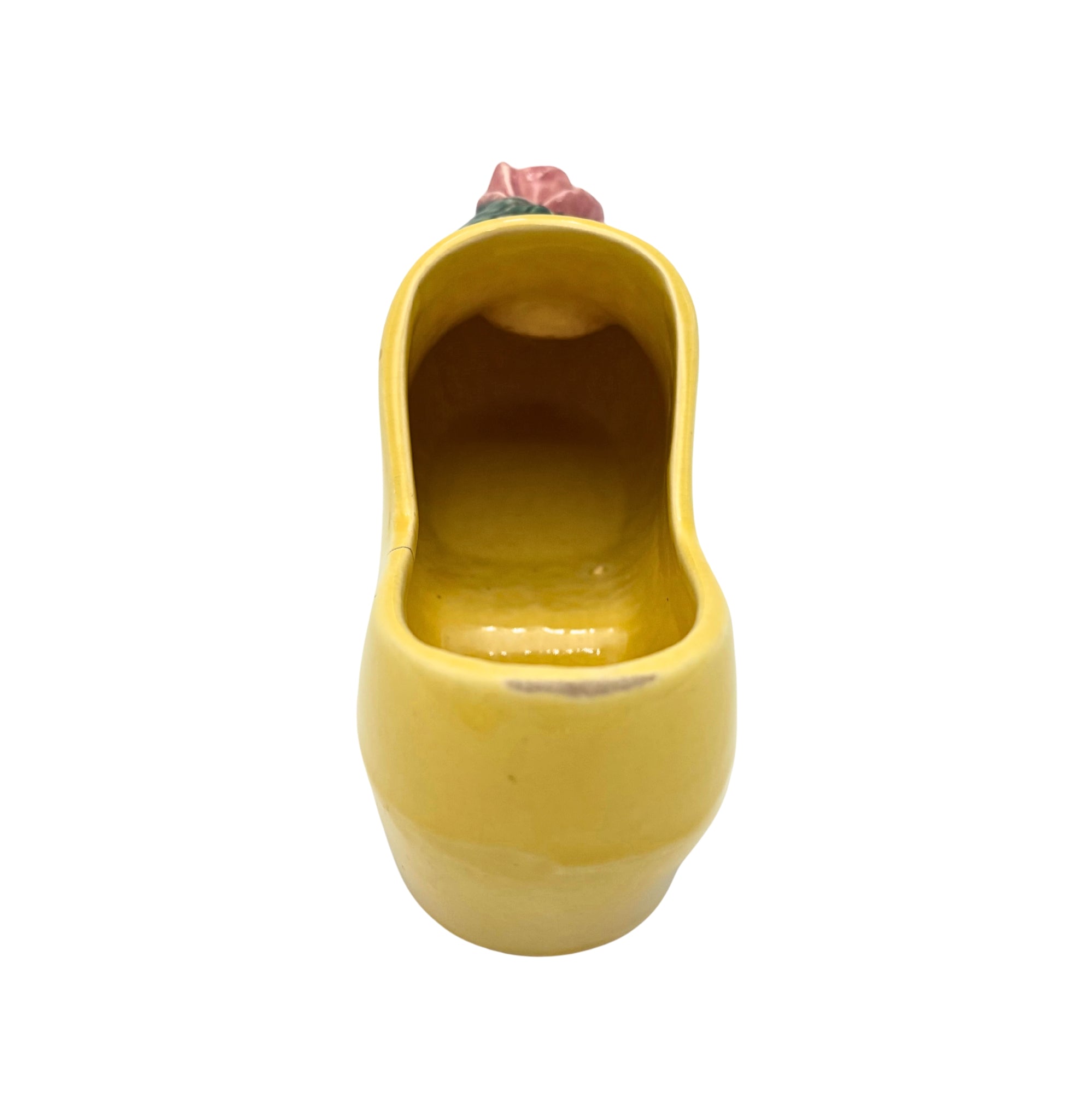 VINTAGE YELLOW CERAMIC CLOG PLANTER WITH PINK ROSE