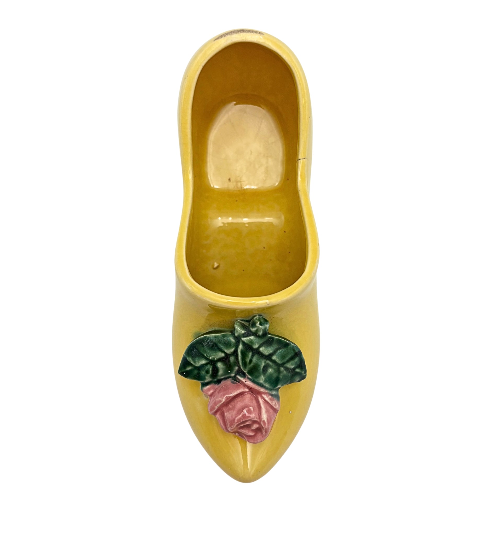 VINTAGE YELLOW CERAMIC CLOG PLANTER WITH PINK ROSE