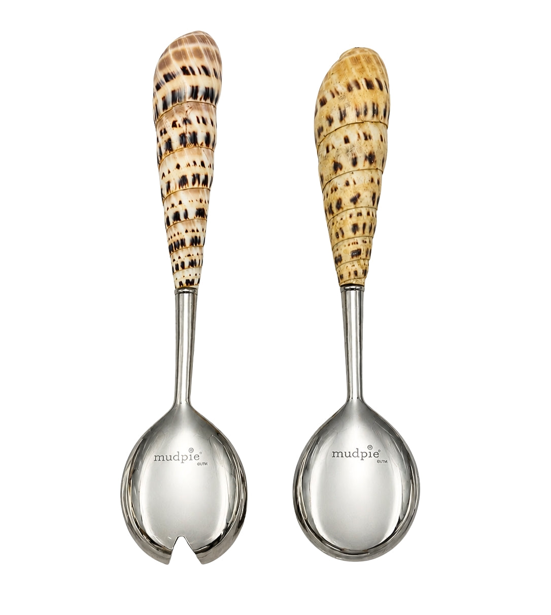 VINTAGE MUD PIE NATURAL AUGER SHELL SALAD SERVERS – TWO-PIECE COASTAL SERVING SET