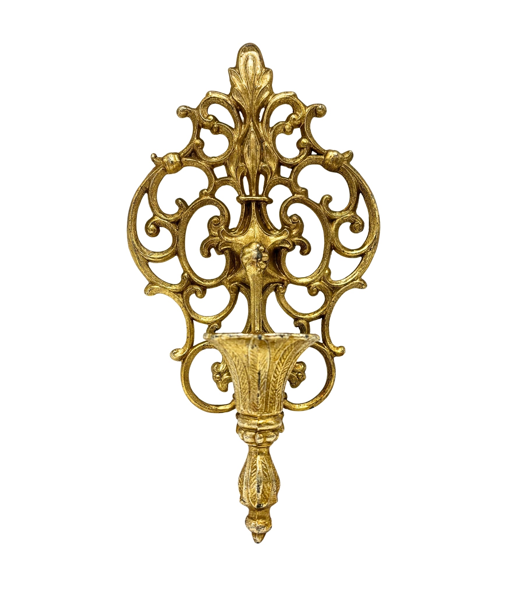 VINTAGE GOLD ROCOCO WALL CANDLE SCONCE – ORNATE HOLLYWOOD REGENCY METAL DECOR