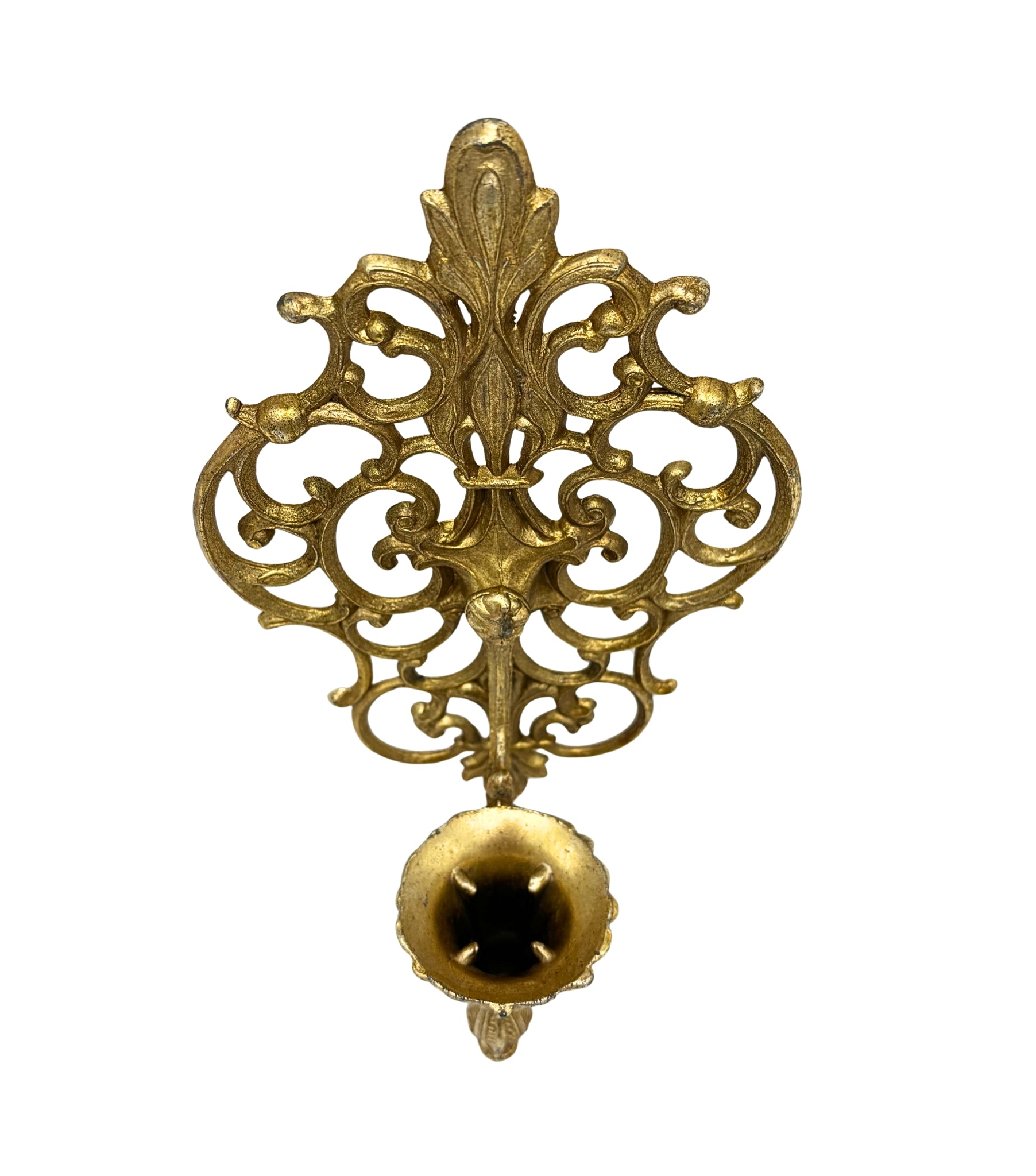 VINTAGE GOLD ROCOCO WALL CANDLE SCONCE – ORNATE HOLLYWOOD REGENCY METAL DECOR
