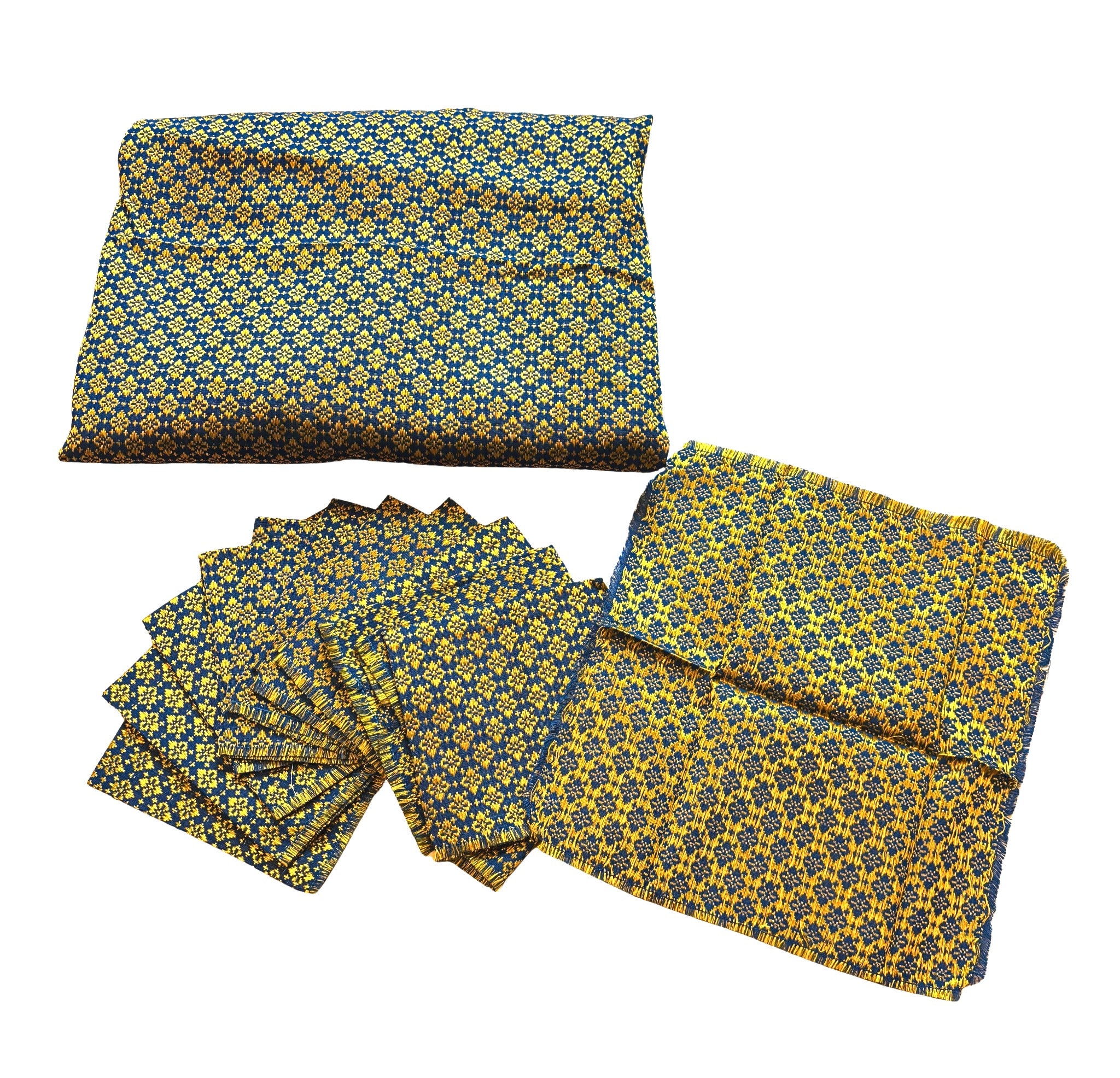 VINTAGE BLUE AND GOLD JACQUARD TABLECLOTH SET WITH 12 NAPKINS