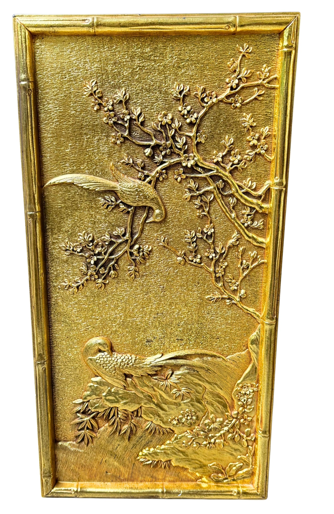 VINTAGE SYROCO GOLD BIRD WALL PLAQUES – 1981 CHINOISERIE FAUX BAMBOO SET OF 2
