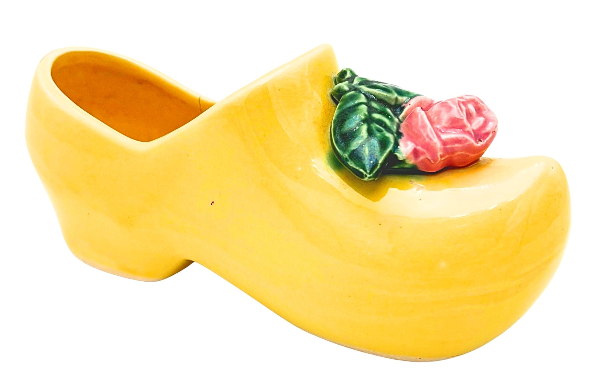 VINTAGE YELLOW CERAMIC CLOG PLANTER WITH PINK ROSE