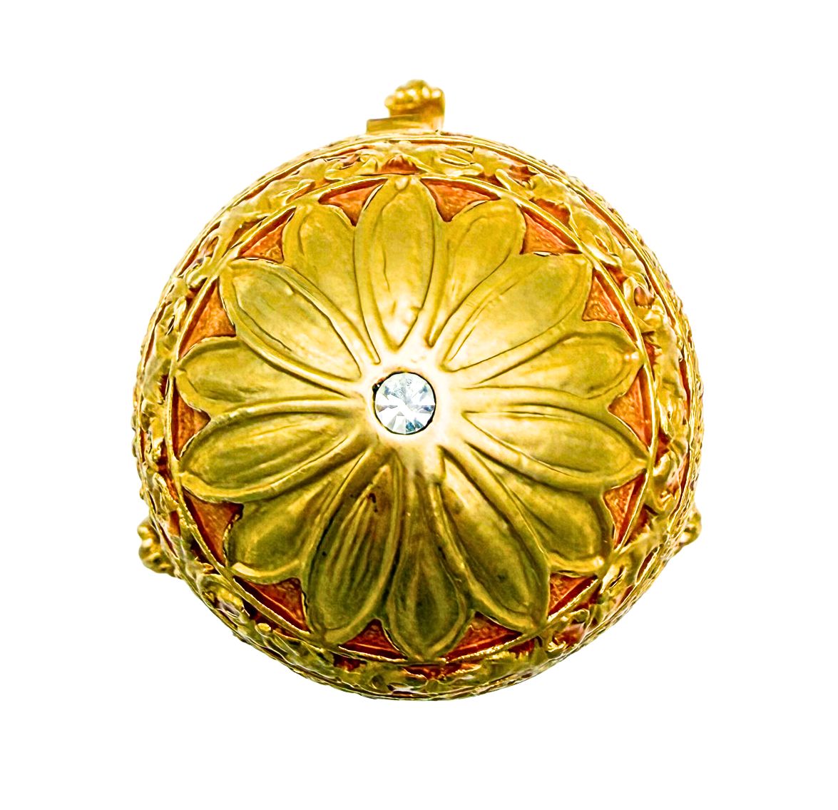 VINTAGE FABERGE STYLE JEWELED EGG TRINKET BOX – GOLD AND AMBER RHINESTONE HINGED KEEPSAKE