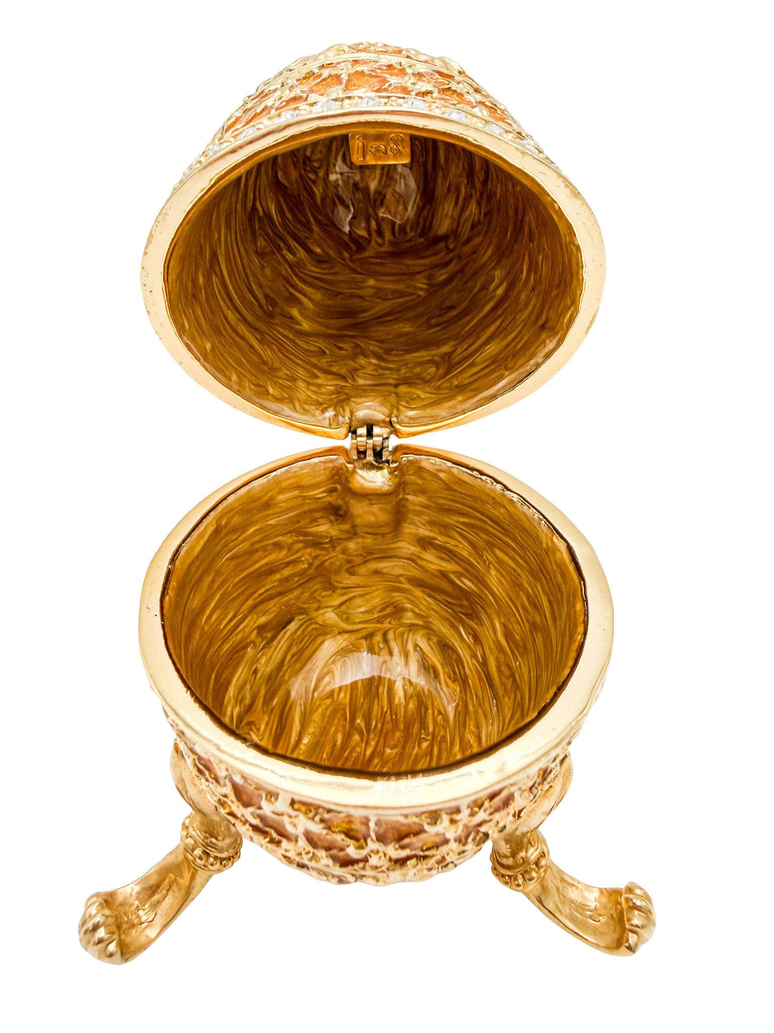 VINTAGE FABERGE STYLE JEWELED EGG TRINKET BOX – GOLD AND AMBER RHINESTONE HINGED KEEPSAKE
