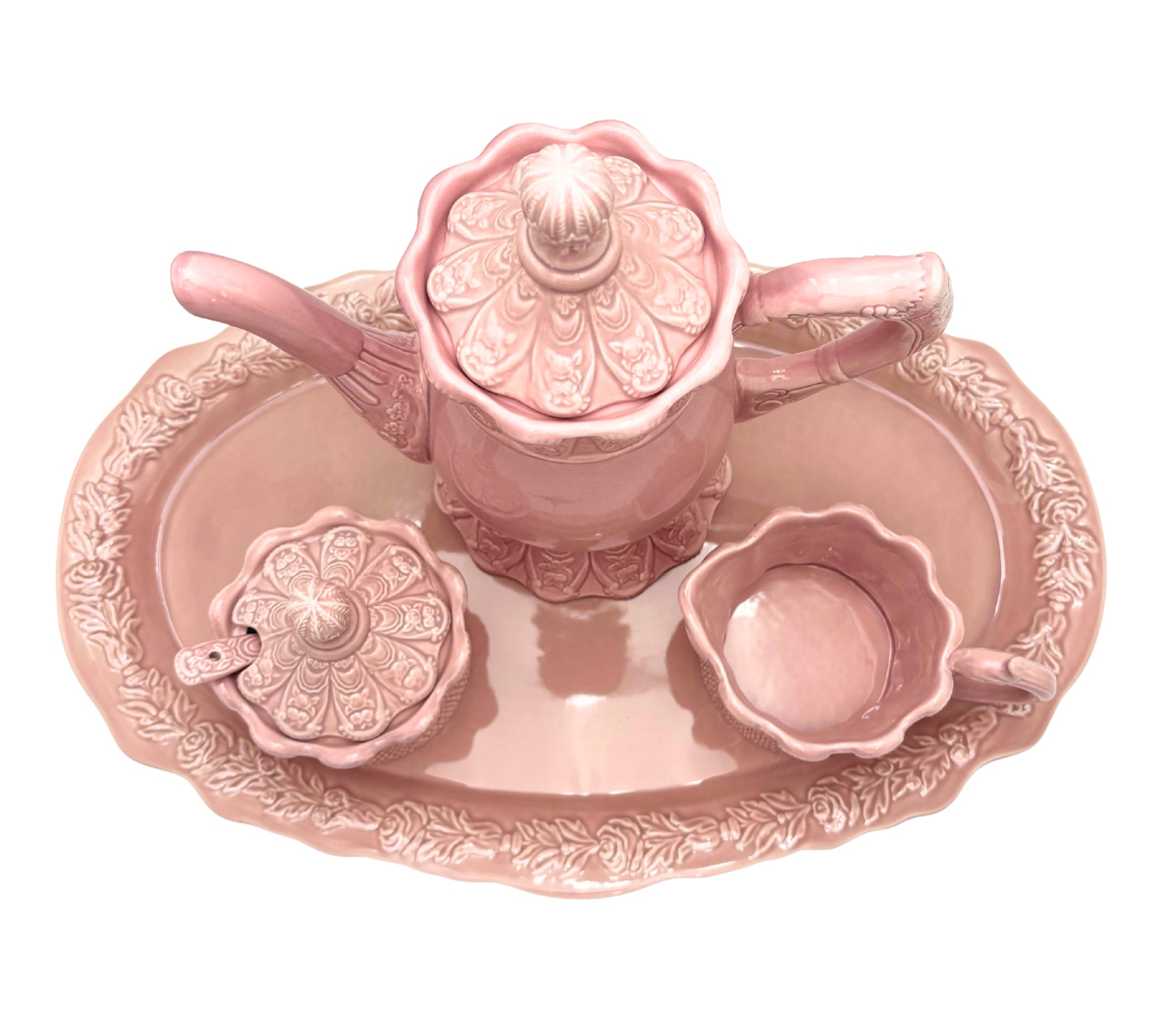 VINTAGE ROMANCING PROVENCE RSVP PINK CERAMIC TEA SET WITH LARGE SERVING TRAY