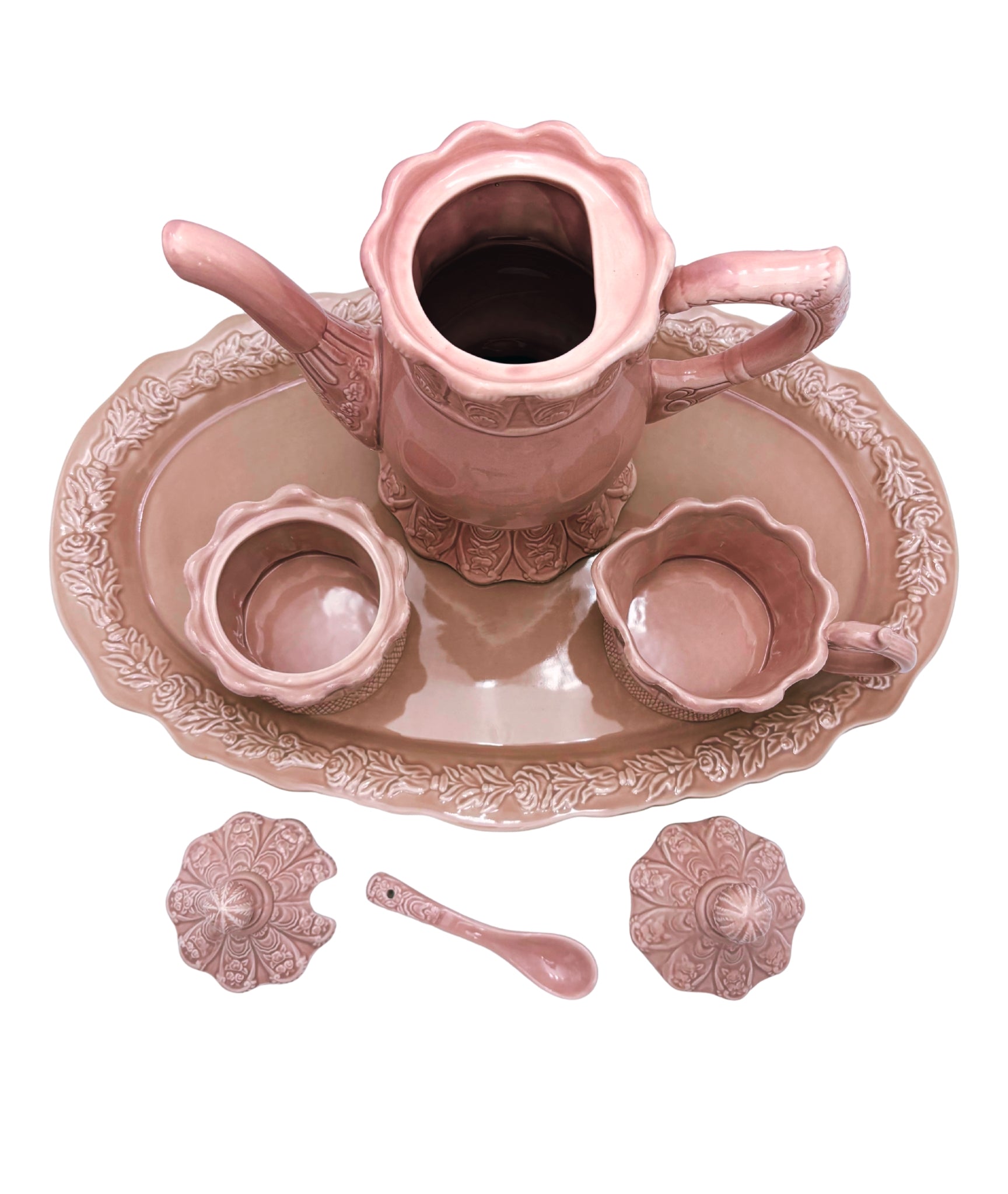 VINTAGE ROMANCING PROVENCE RSVP PINK CERAMIC TEA SET WITH LARGE SERVING TRAY