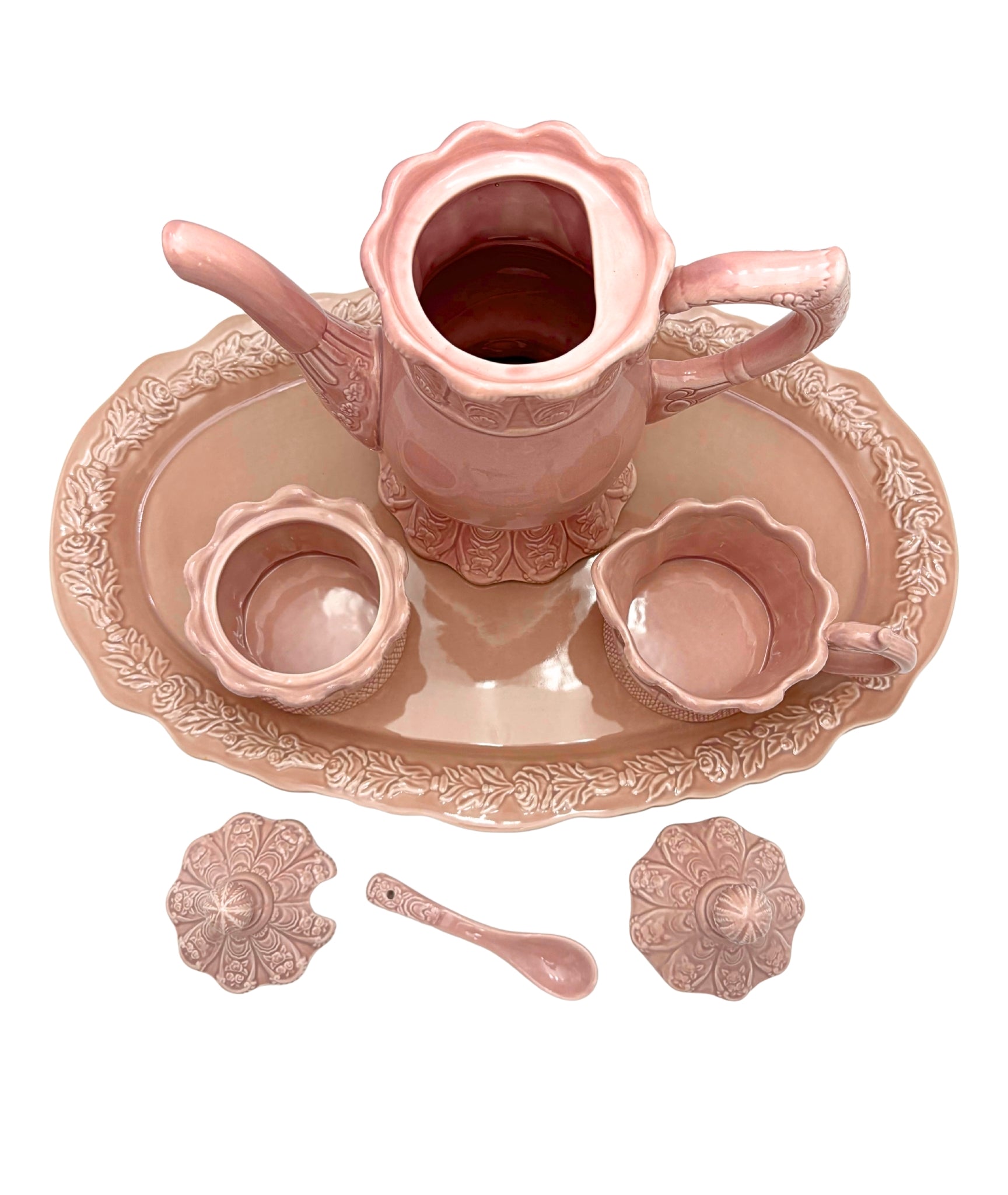 VINTAGE ROMANCING PROVENCE RSVP PINK CERAMIC TEA SET WITH LARGE SERVING TRAY
