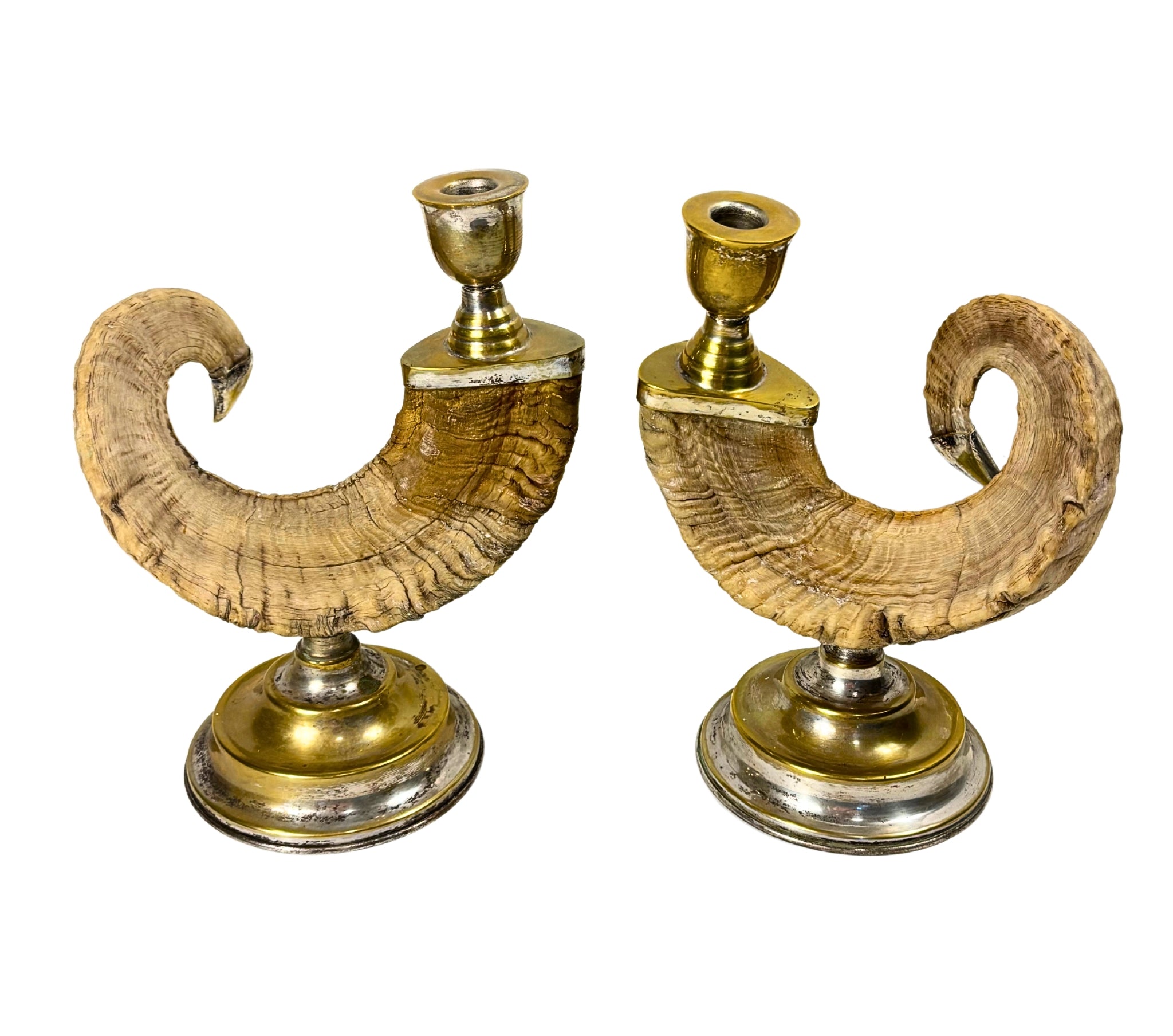 VINTAGE RAM HORN CANDLESTICKS PAIR | BRASS MOUNTED SHEEP HORN CANDLE HOLDERS | RALPH LAUREN STYLE LODGE DECOR | ENGLISH COUNTRY HOUSE ACCENT