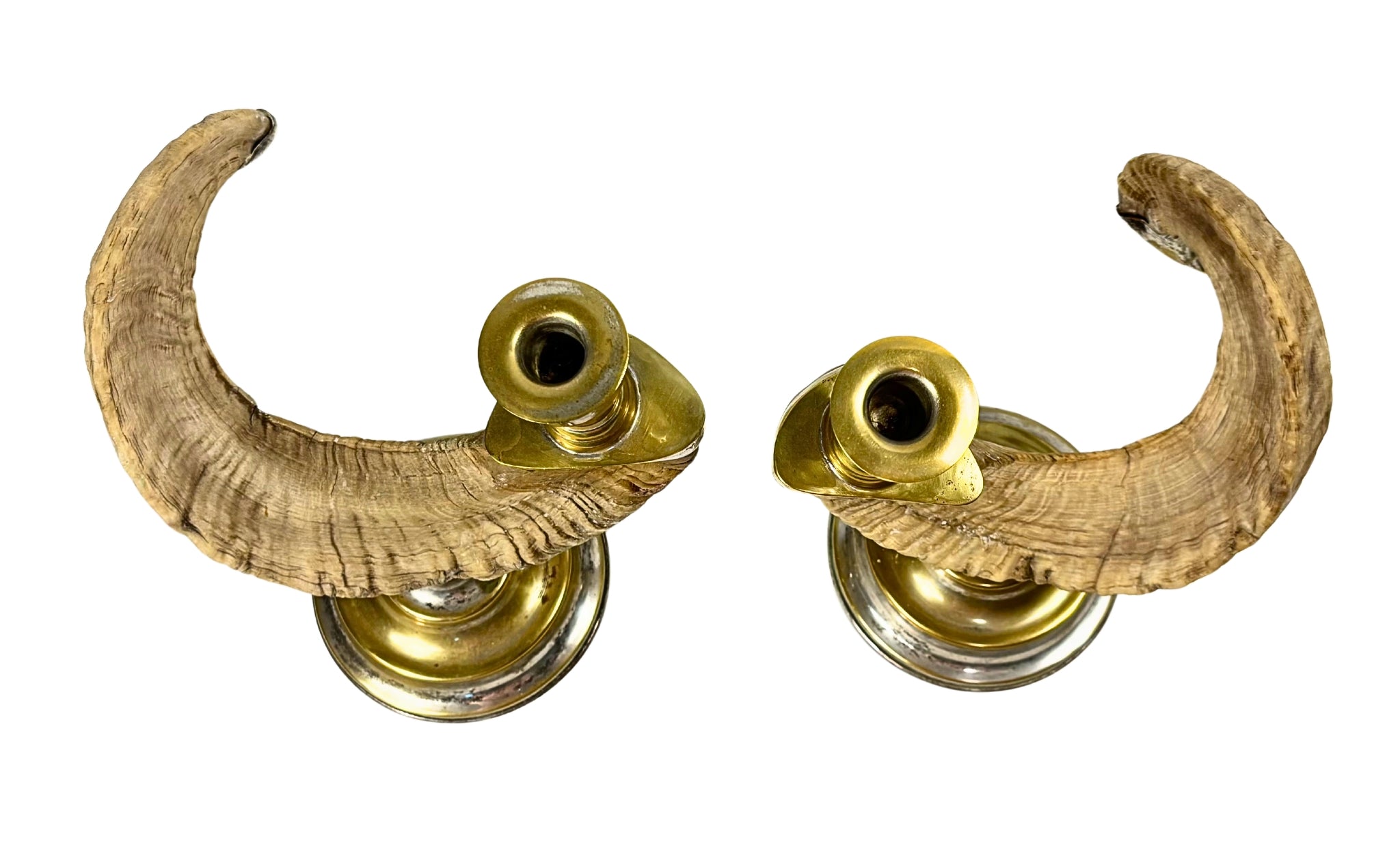 VINTAGE RAM HORN CANDLESTICKS PAIR | BRASS MOUNTED SHEEP HORN CANDLE HOLDERS | RALPH LAUREN STYLE LODGE DECOR | ENGLISH COUNTRY HOUSE ACCENT