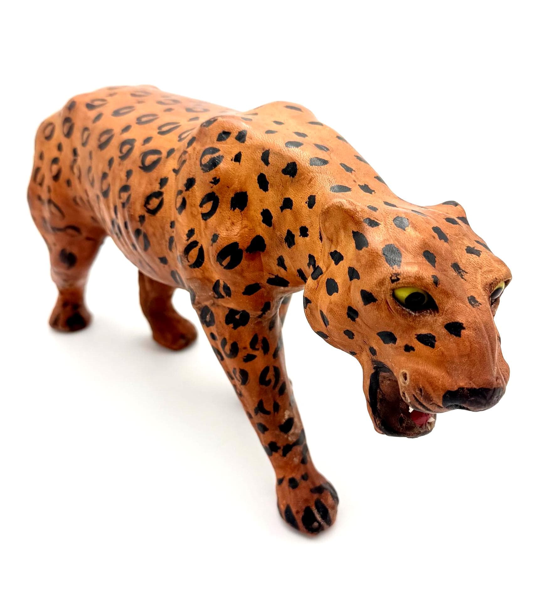 VINTAGE HAND-PAINTED LEATHER LEOPARD SCULPTURE
