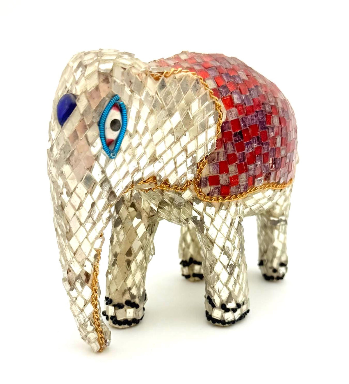 VINTAGE HANDMADE PHILIPPINE CAPIZ SHELL MOSAIC ELEPHANT FIGURINE WITH DUAL-TONE AMBER & RUBY BLANKET