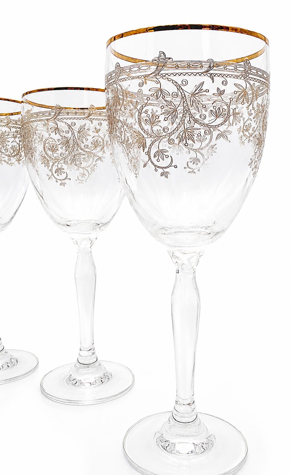 VINTAGE LR SLOVAKIA CRYSTAL WINE GLASSES – SET OF 6 GOLD RIM ETCHED FLORAL GOBLETS
