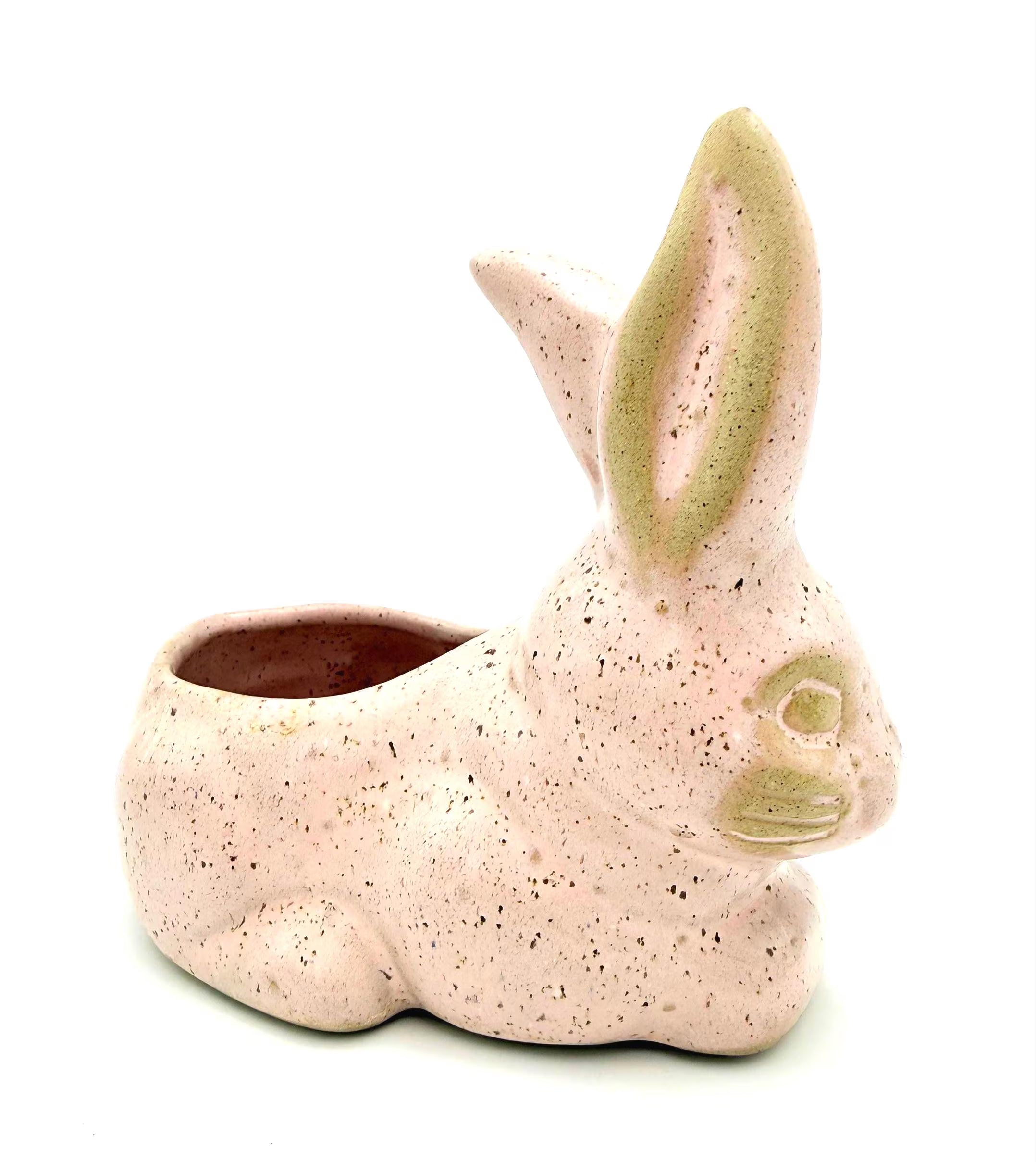 VINTAGE SPECKLED PINK CERAMIC BUNNY PLANTER