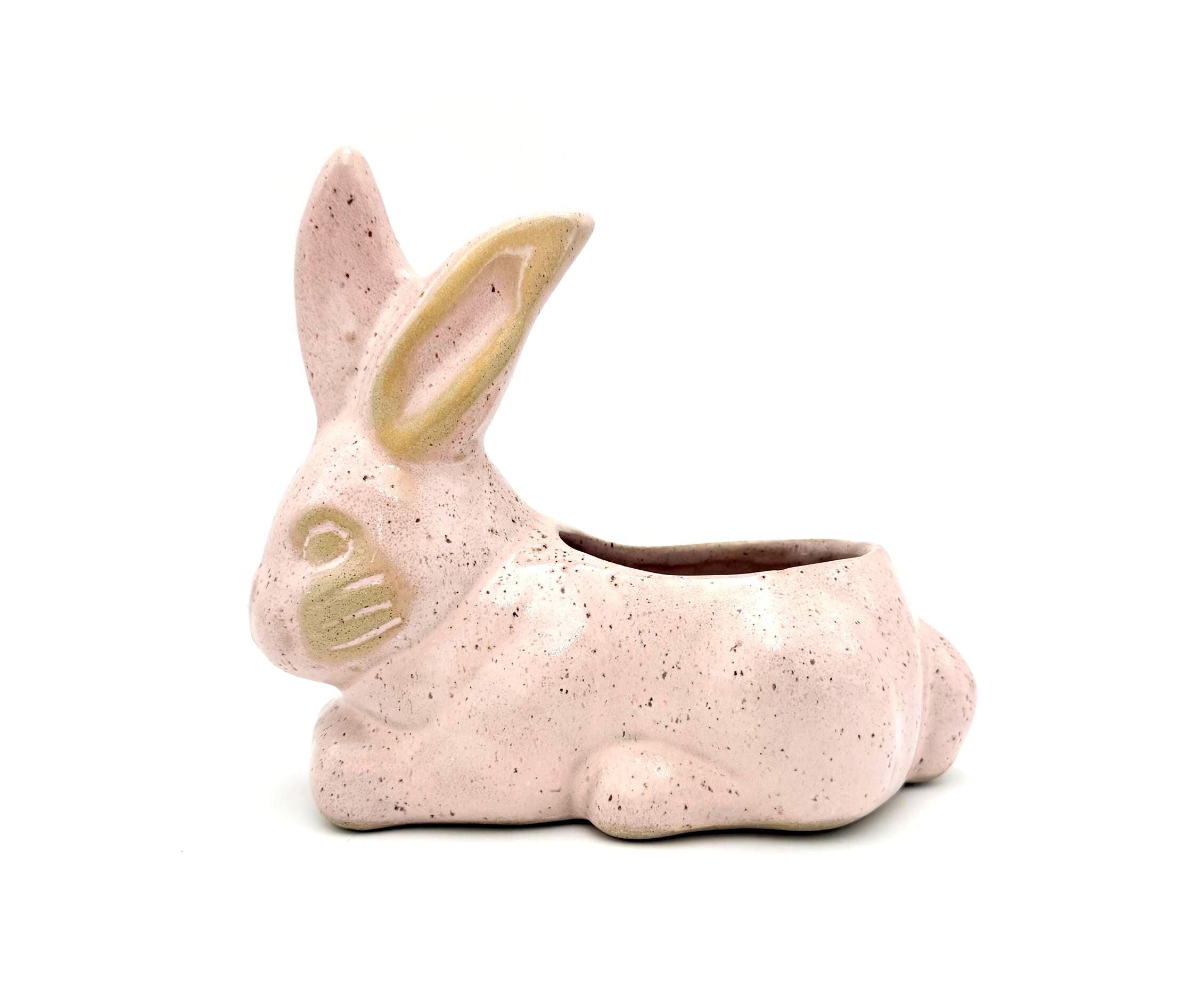 VINTAGE SPECKLED PINK CERAMIC BUNNY PLANTER
