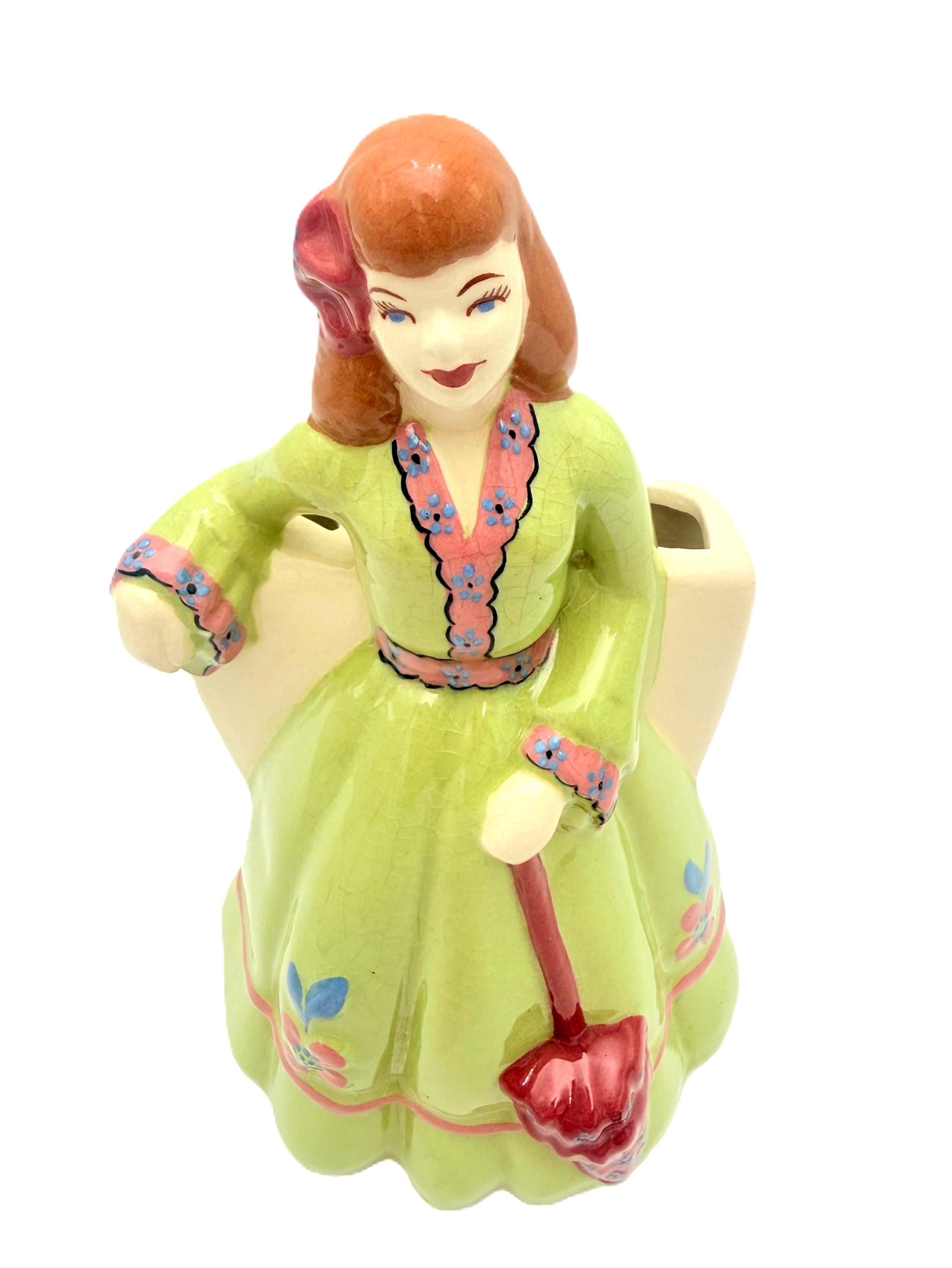 VINTAGE 1950S FIGURAL LADY DOUBLE PLANTER ATTRIBUTED FLORENCE CERAMICS CHARTREUSE GREEN DRESS