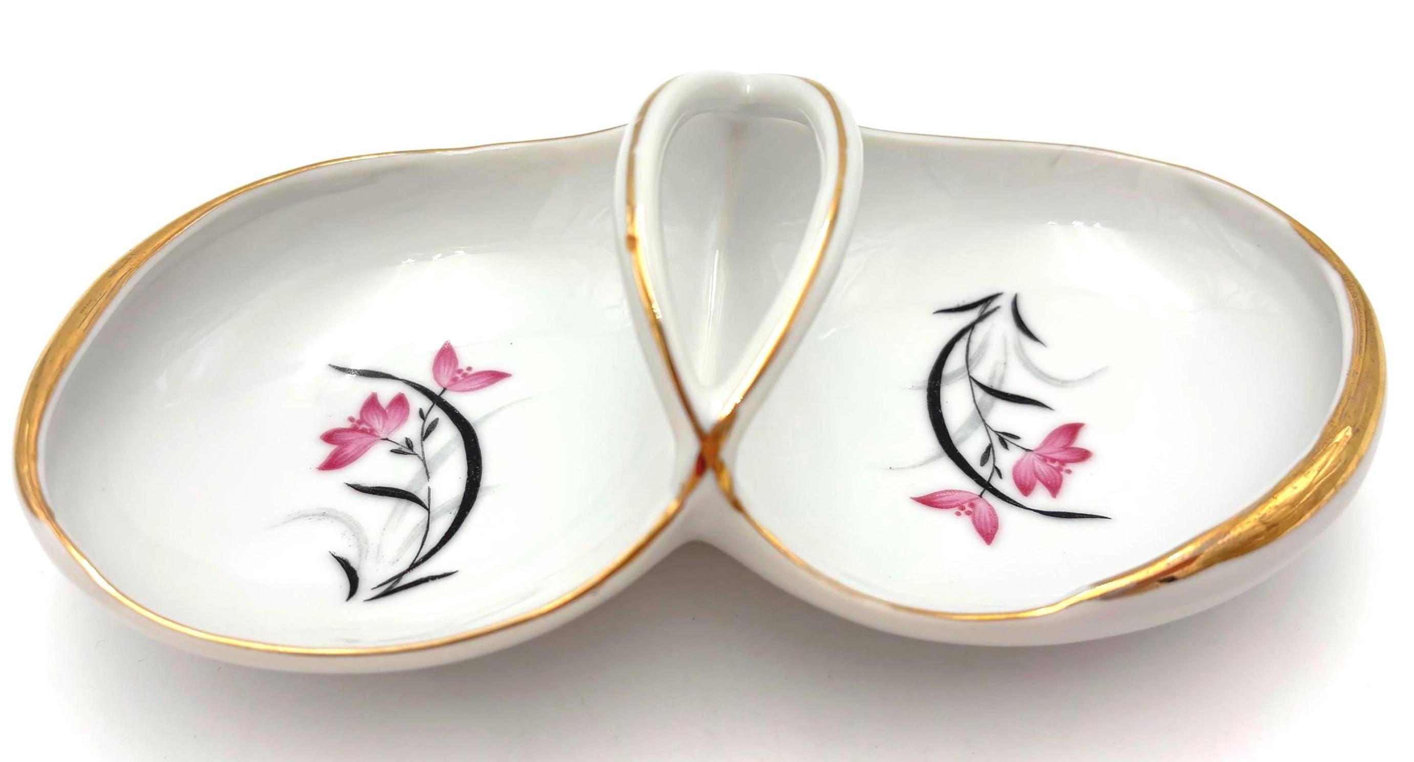 VINTAGE ATOMIC ERA PORCELAIN DOUBLE DISH – GOLD RIM PINK FLORAL MID CENTURY TIDBIT SERVER