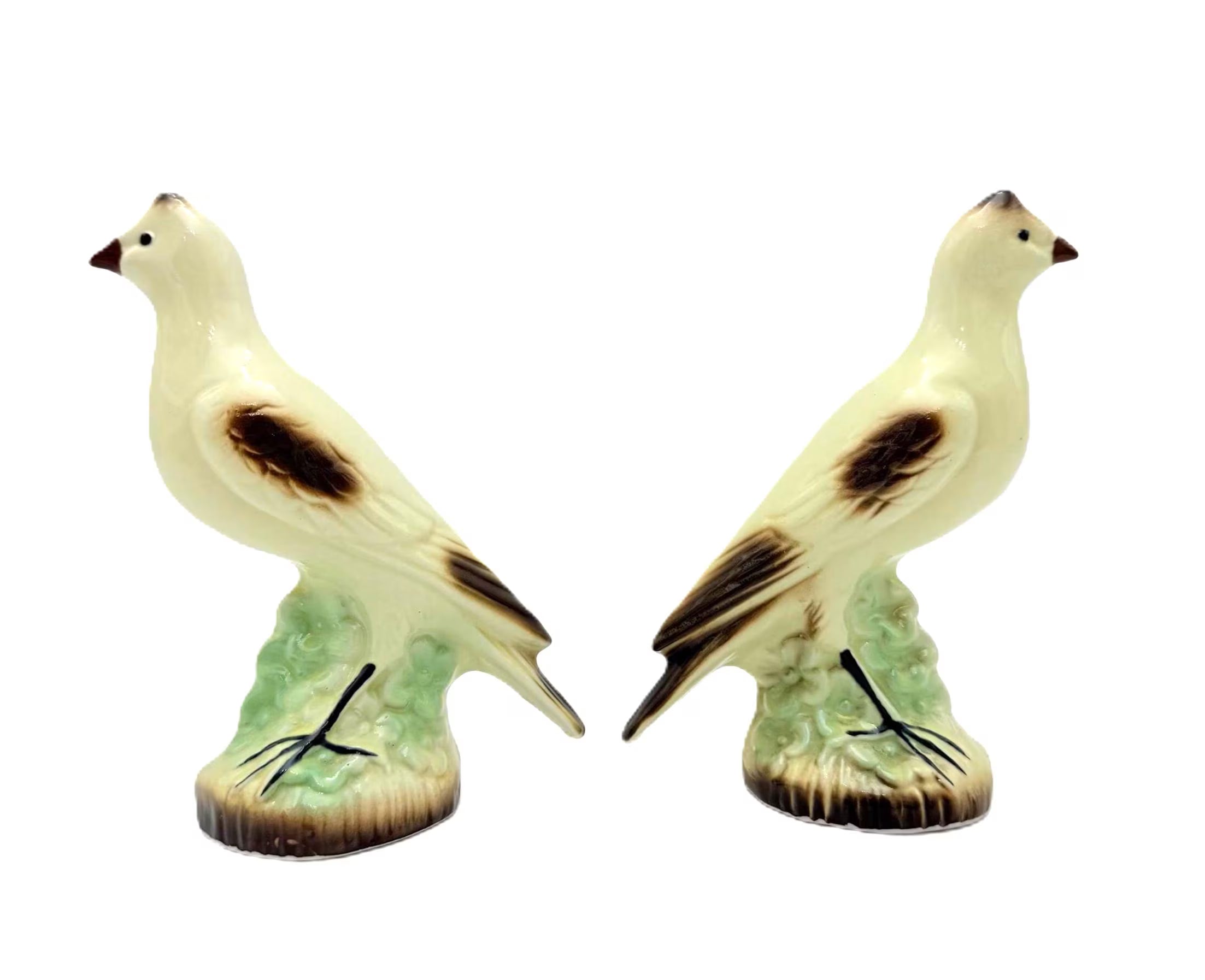 VINTAGE BRAZILIAN MINT GREEN CERAMIC BIRD FIGURINES – PAIR OF MID-CENTURY DECORATIVE BIRDS