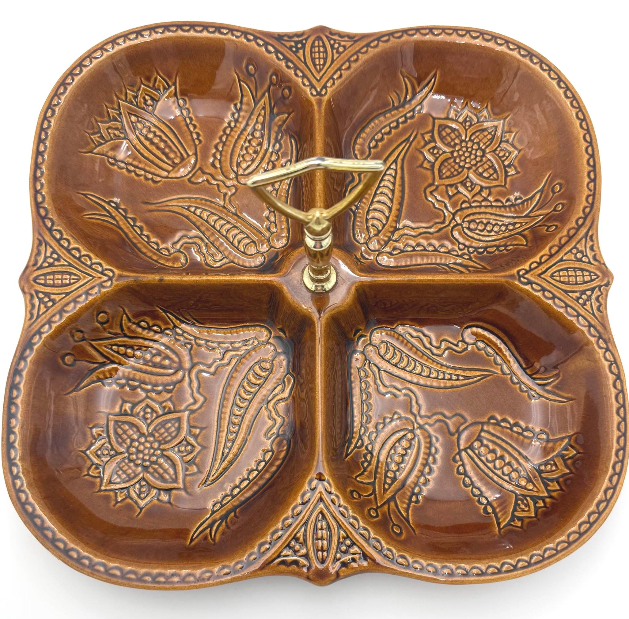 VINTAGE CALIFORNIA POTTERY DIVIDED RELISH TRAY WITH BRASS HANDLE | CALIFORNIA USA NO. 1203