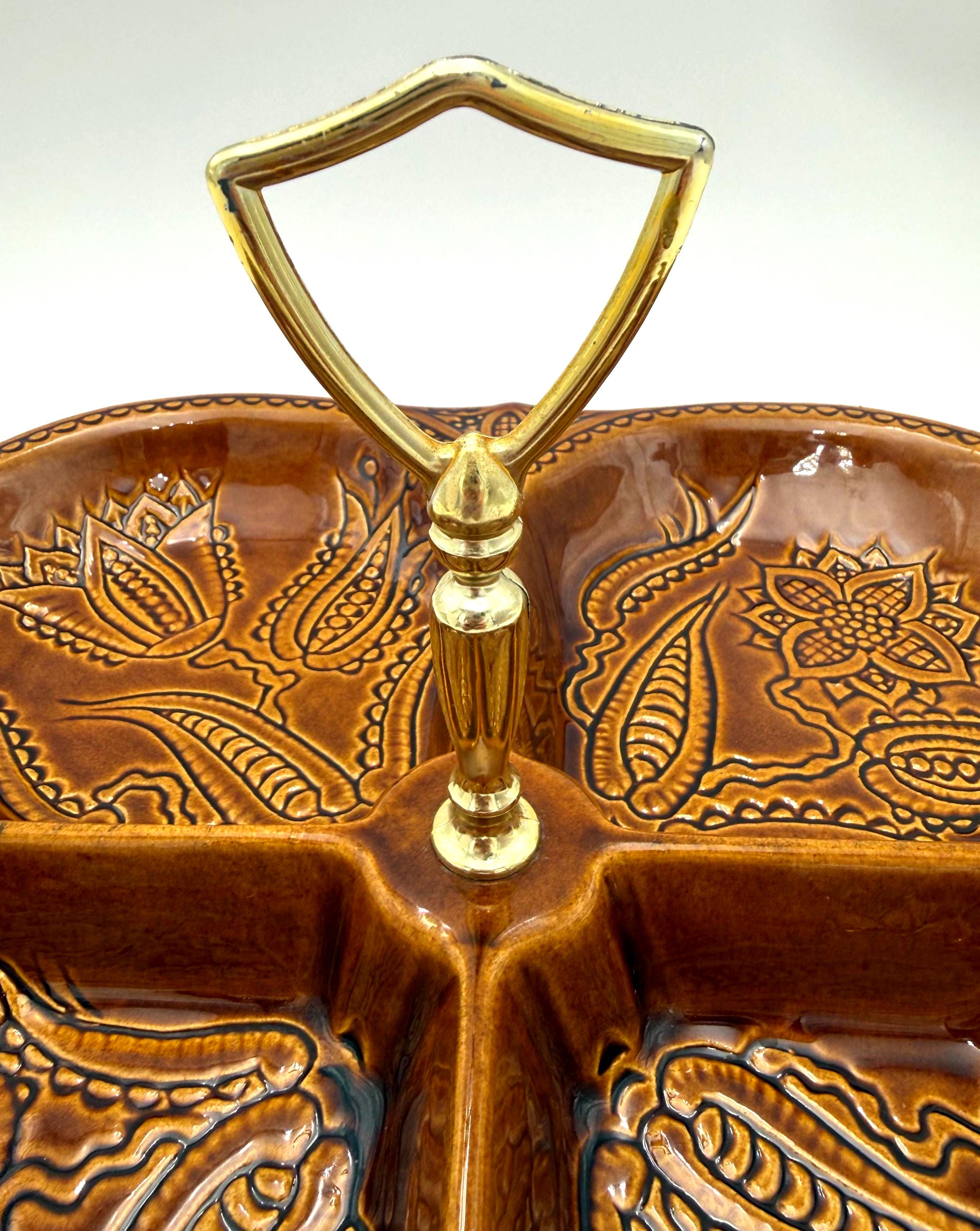 VINTAGE CALIFORNIA POTTERY DIVIDED RELISH TRAY WITH BRASS HANDLE | CALIFORNIA USA NO. 1203