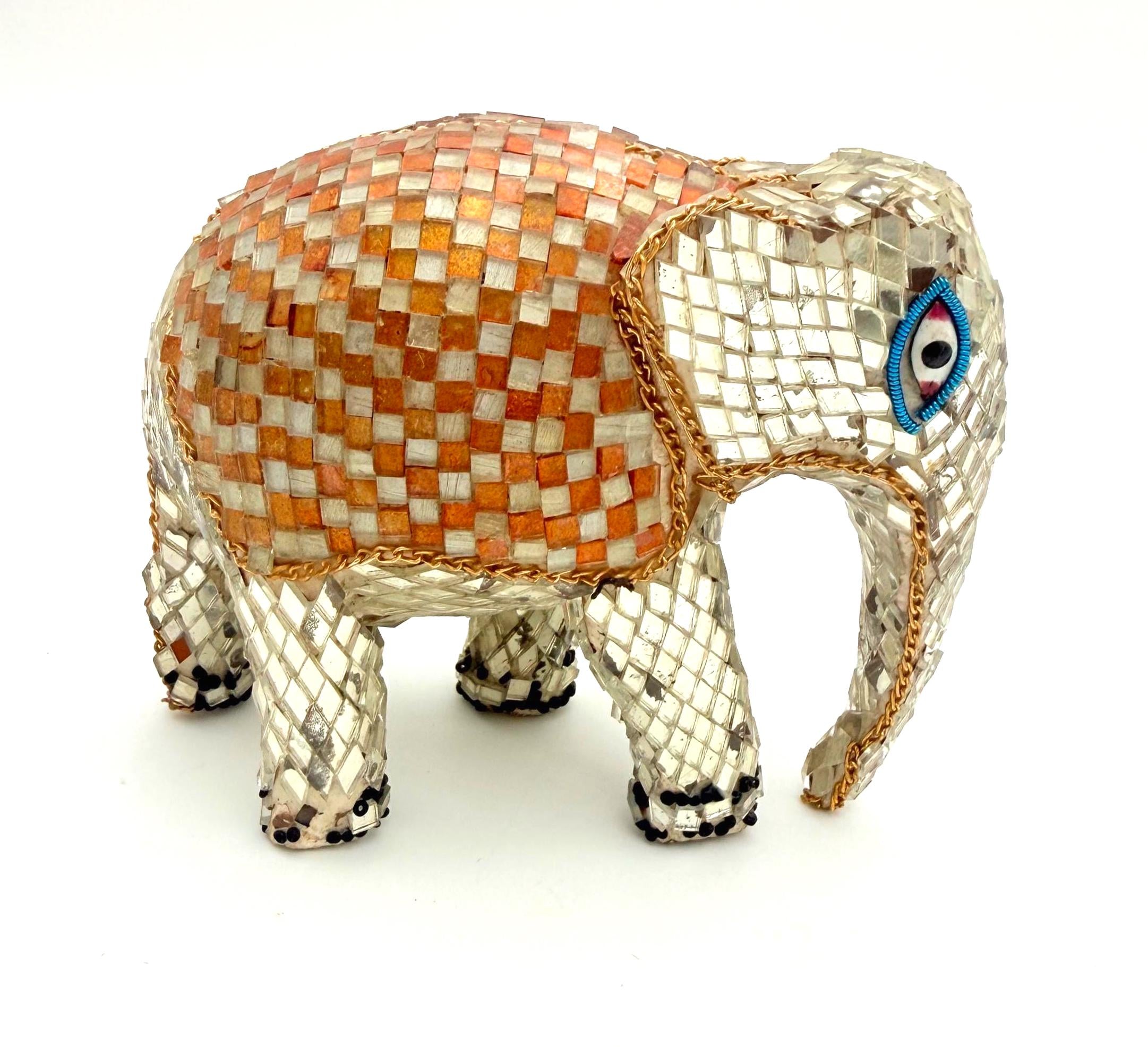 VINTAGE HANDMADE PHILIPPINE CAPIZ SHELL MOSAIC ELEPHANT FIGURINE WITH DUAL-TONE AMBER & RUBY BLANKET