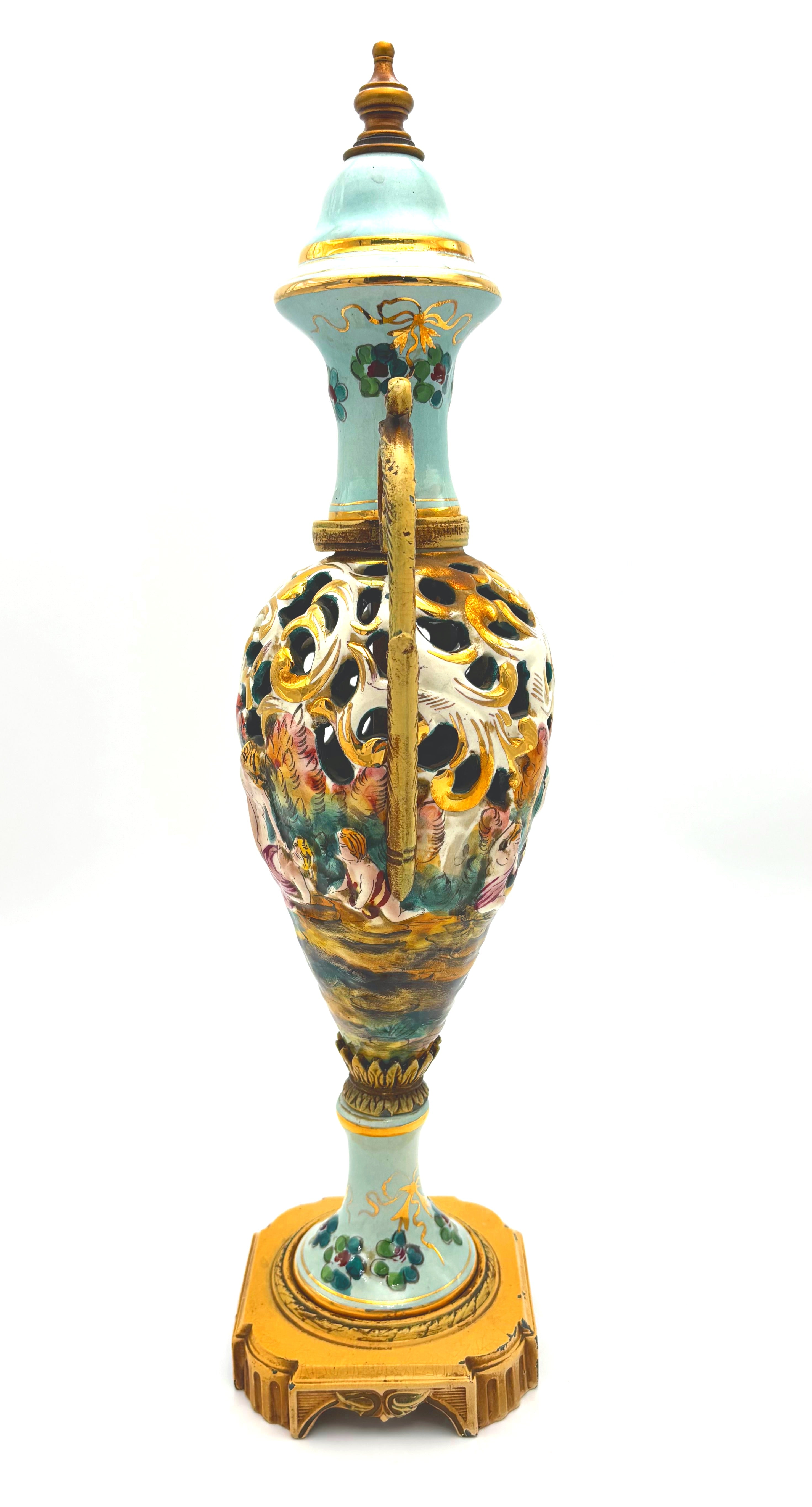VINTAGE ITALIAN CAPODIMONTE STYLE TURQUOISE & GOLD LIDDED URN