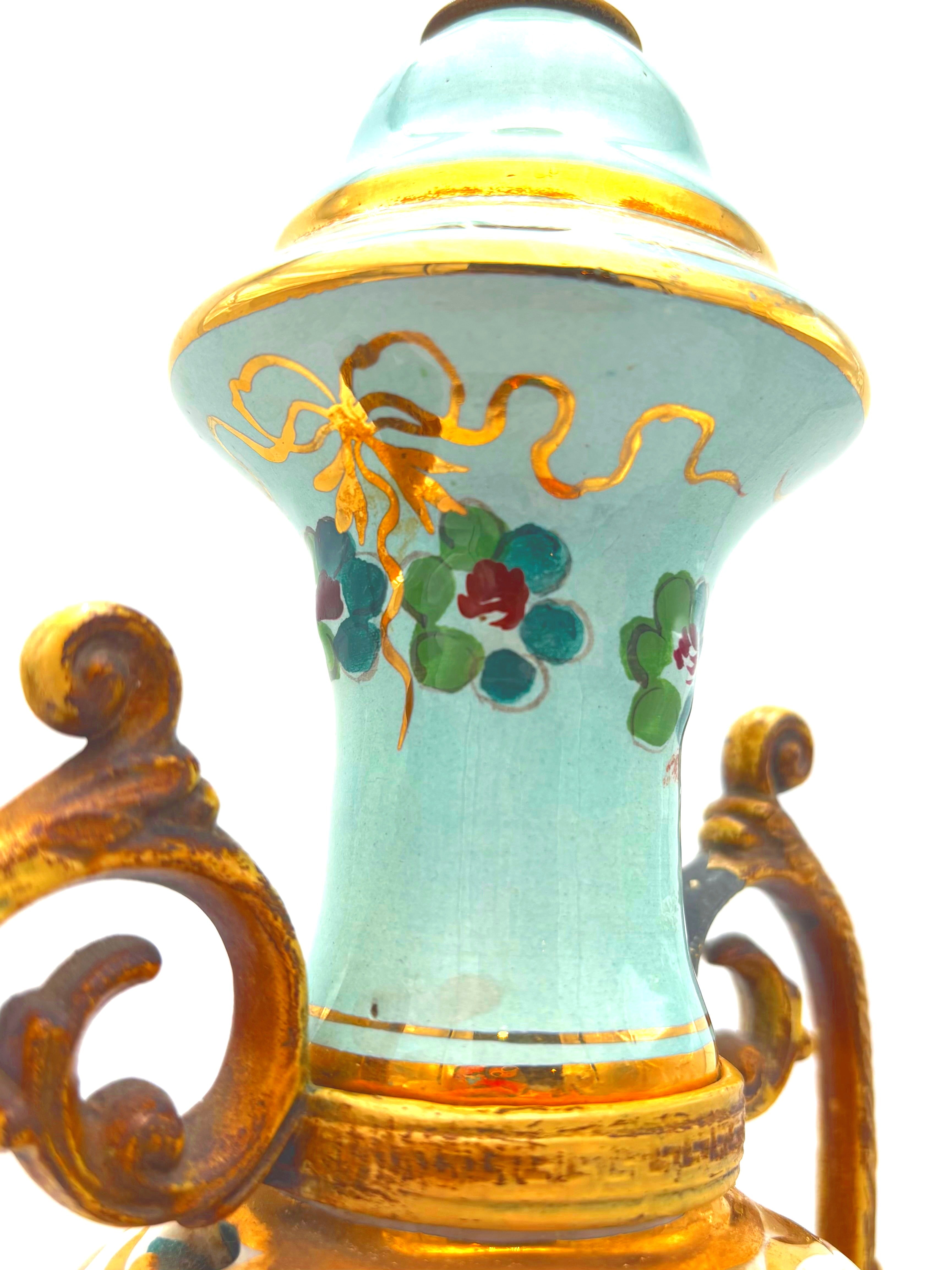 VINTAGE ITALIAN CAPODIMONTE STYLE TURQUOISE & GOLD LIDDED URN