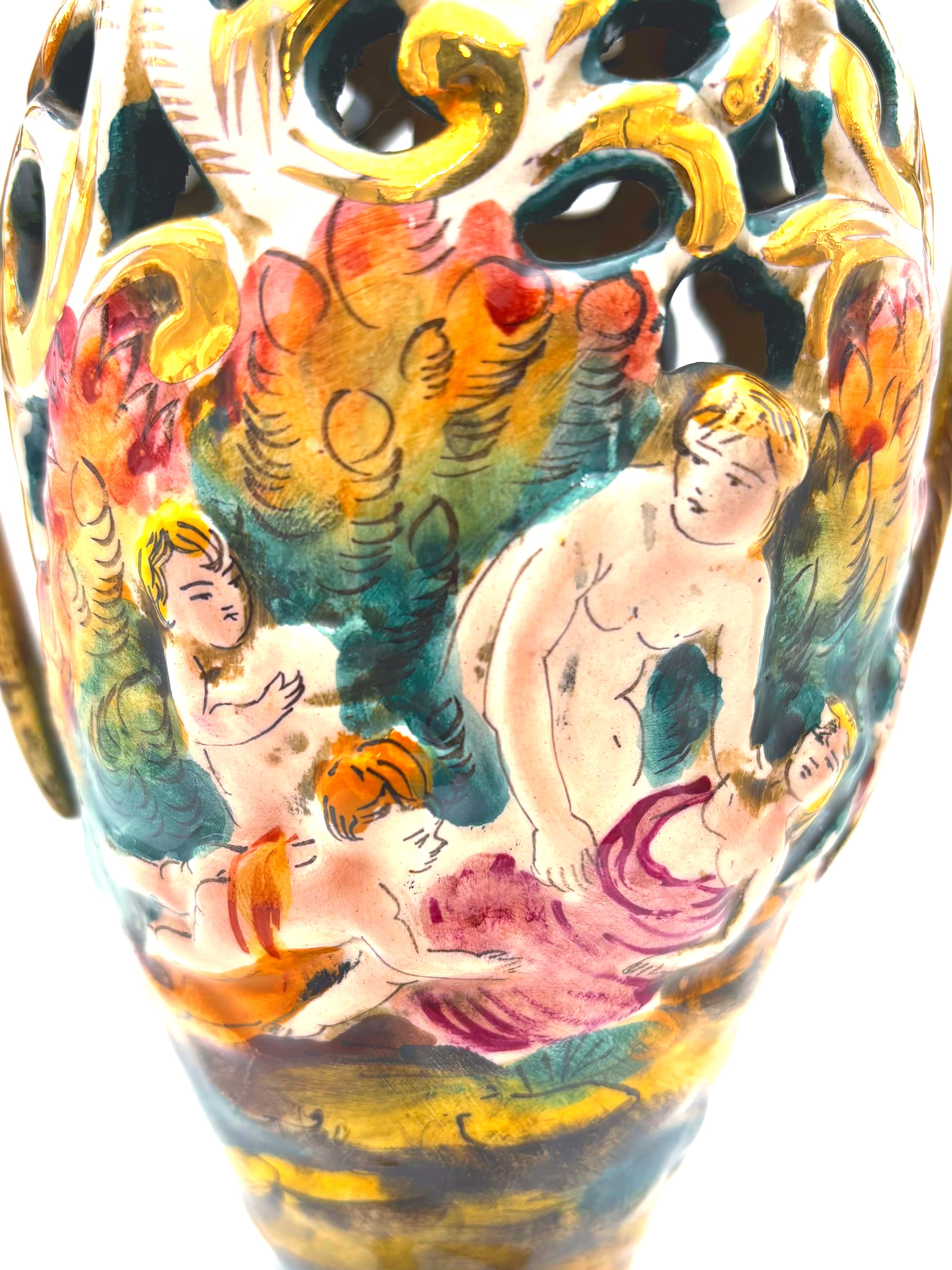 VINTAGE ITALIAN CAPODIMONTE STYLE TURQUOISE & GOLD LIDDED URN