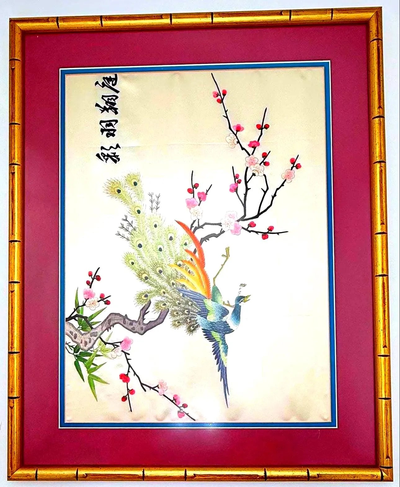 VINTAGE ASIAN EMBROIDERED SILK WALL ART SET OF 3 | FRAMED PEACOCK & CRANE CHINOISERIE TEXTILE PANELS