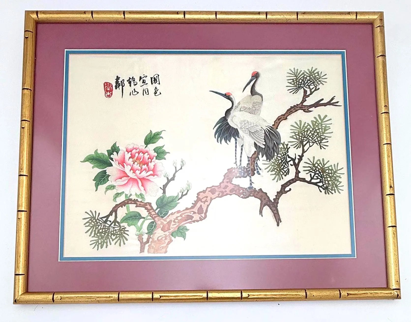 VINTAGE ASIAN EMBROIDERED SILK WALL ART SET OF 3 | FRAMED PEACOCK & CRANE CHINOISERIE TEXTILE PANELS