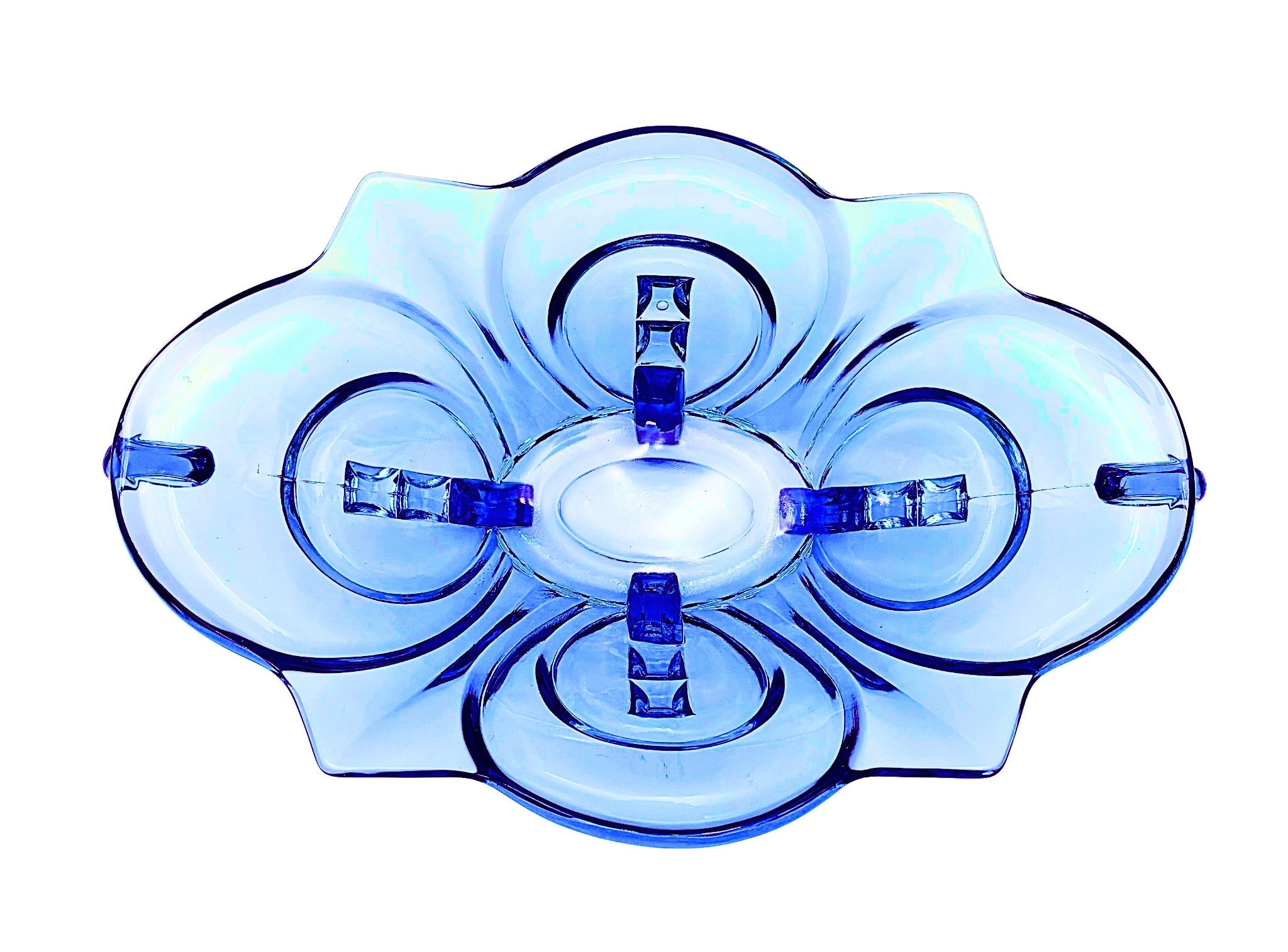VINTAGE DRESDEN BLUE PRESSED GLASS BOWL ATTRIBUTED TO AUGUST WALTHER & SOHNE GERMAN ART DECO CENTERPIECE