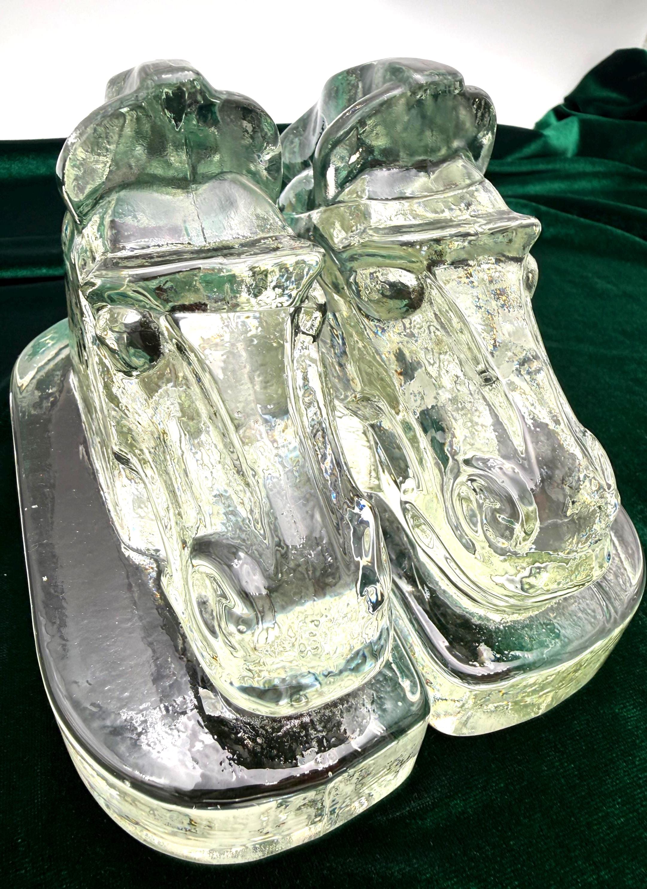 VINTAGE HEAVY CRYSTAL HORSE HEAD BOOKENDS | ART DECO STYLE SCULPTURAL PAIR