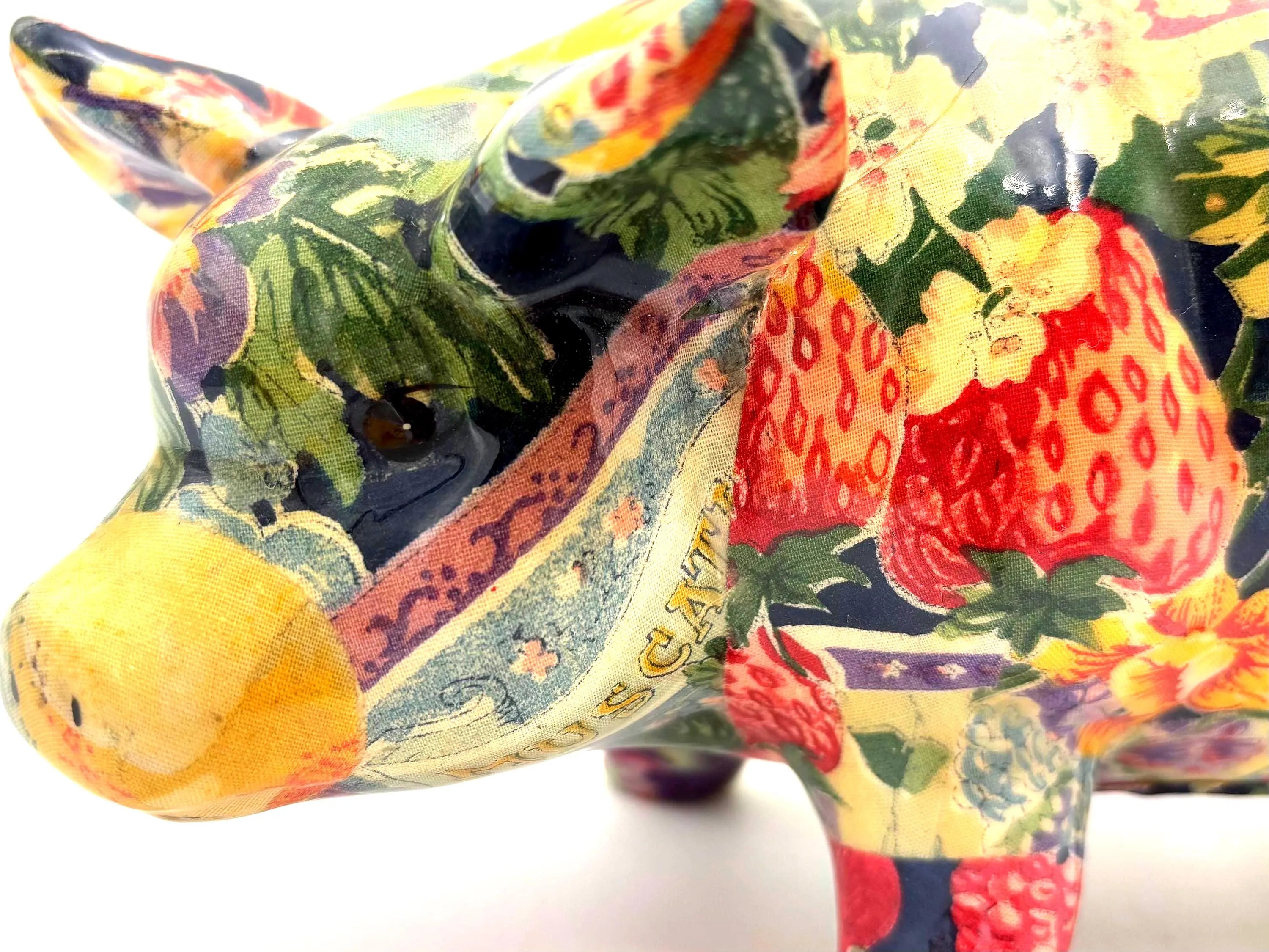 VINTAGE DECOUPAGE PIG SCULPTURE | FRUIT COLLAGE FIGURINE ITALIAN MARKET STYLE KITCHEN DECOR