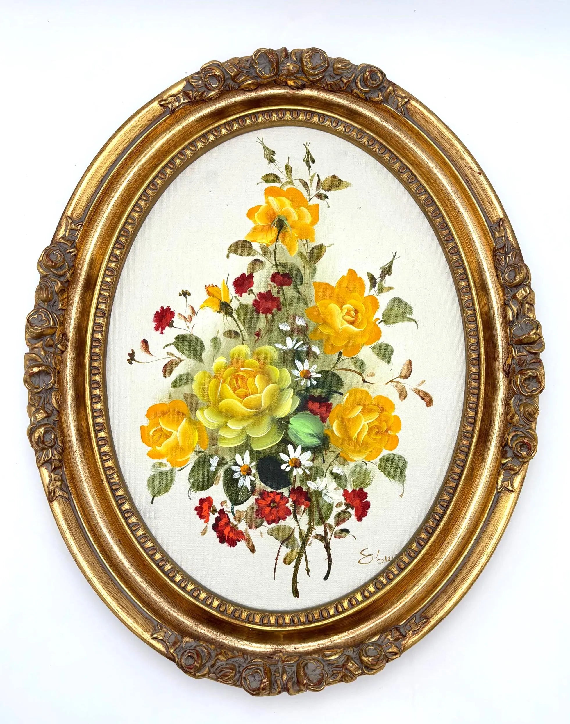 VINTAGE FLORAL OIL PAINTINGS PAIR – GOLD OVAL FRAMES HOLLYWOOD REGENCY YELLOW ROSE WALL ART SET