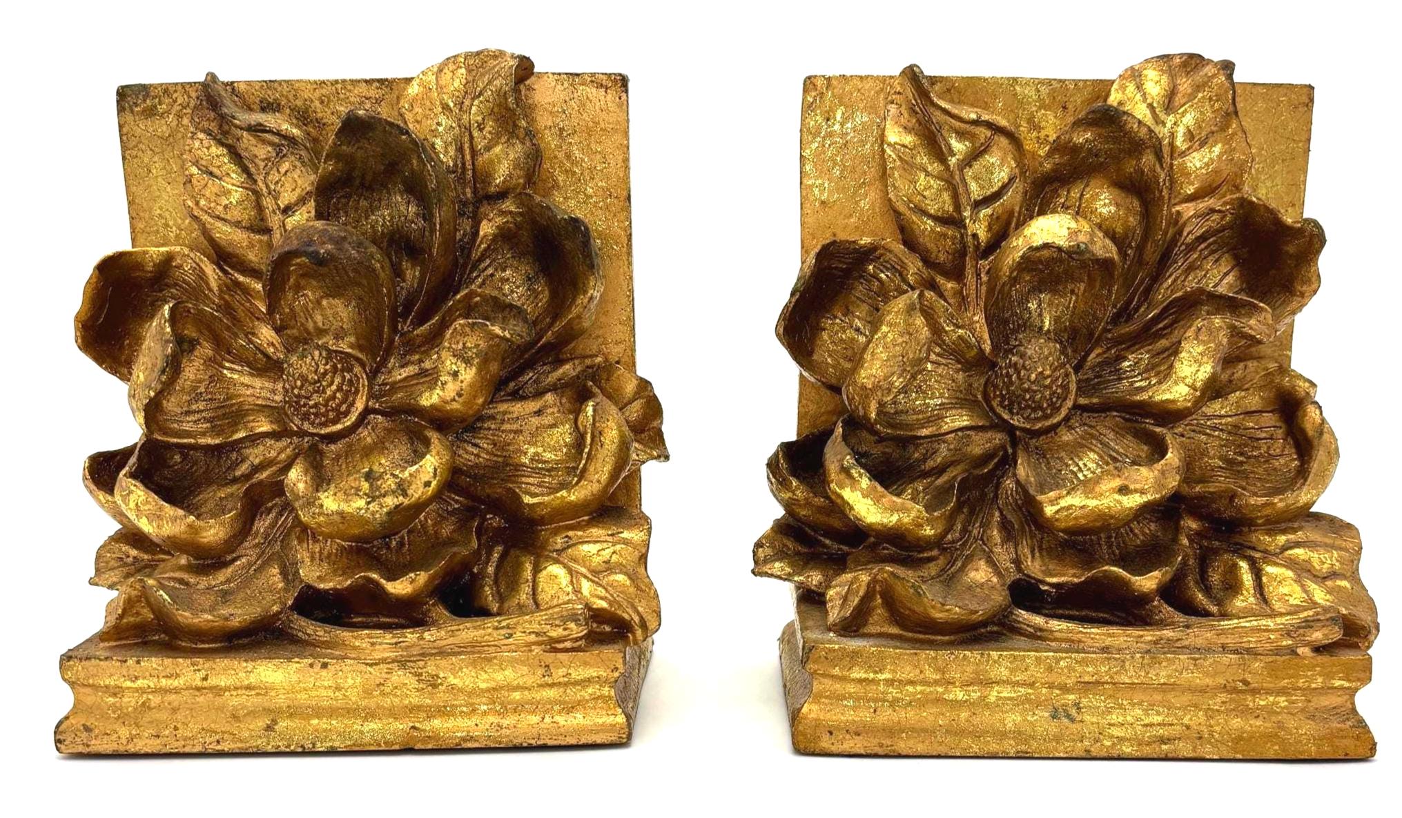 Vintage Florentine Style Gilt Floral Bookends, Hollywood Regency Gold Leaf Flower Bookends, Italian Style Shelf Decor, Mid Century 1960s